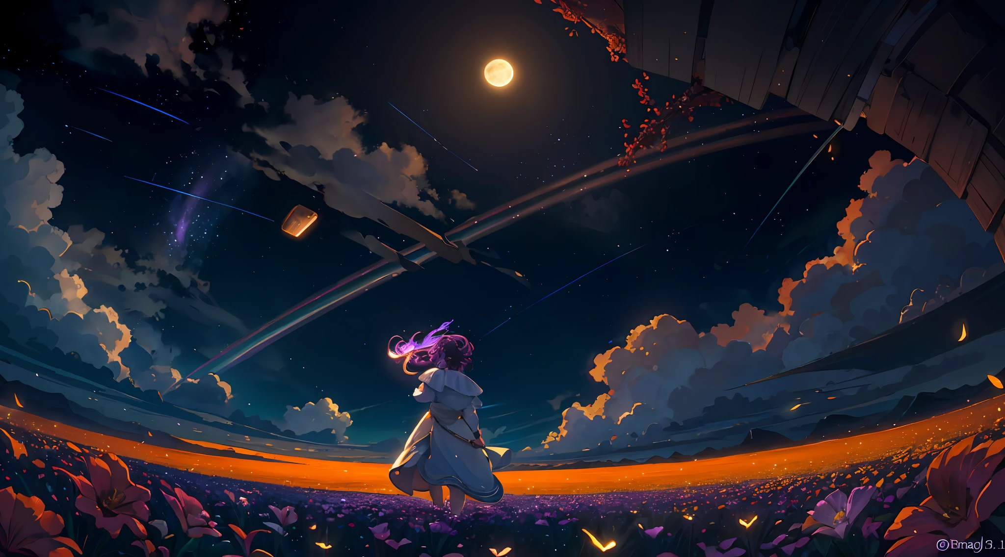 Vast landscape photos, (seen from below, the sky above and the open field below), (a girl standing on a flower field looking up: 1.5), (Full Moon: 1.2), (Meteor: 0.9), (Nebula: 1.3), Distant Mountains, Trees BREAK Making Art, (Warm Light Source: 1.2), (Firefly: 1.2), Lamps, Lots of Purple and Orange, Intricate Detailing, Volumetric Lighting, Realism BREAK (Masterpiece: 1.2), (Best Quality), 4K, Ultra-Detailed, (Dynamic Composition: 1.4), Very Detailed, Colorful Detail, (Iridescent Color: 1.2), (Glow Illumination, Atmospheric Lighting), Dreamy, Magical, (Solo: 1.2)