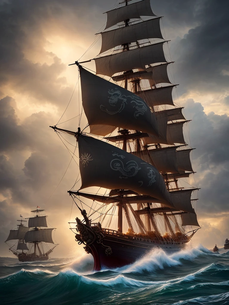 A huge pirate ship, ancient Chinese style, sailing in the sea, big waves, (giant octopus tentacles sticking out of the sea, wrapped around hull: 1.3), stormy, splashing waves, realism, looking up to see through, warm and cold tones, cinematic lighting, chiaroscuro, ray tracing, from below, ultra wide angle, ultra hd, masterpiece, ccurate, super detail, high detail, 8k, award-winning, best quality