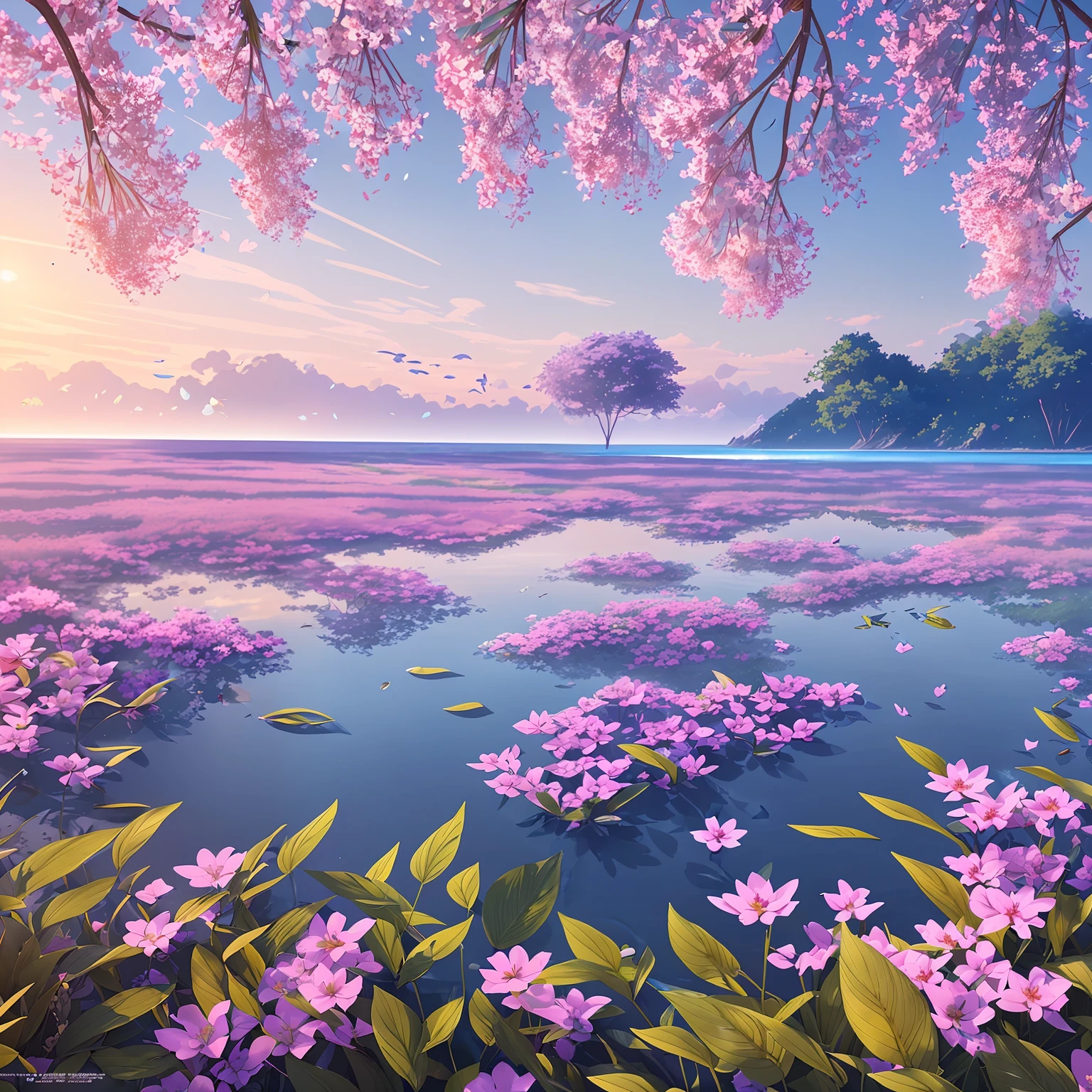 Masterpiece, best quality, (very detailed CG unity 8k wallpaper) (best quality), (best illustration), (best shadows) Nature', blue sea,delicate leaves petals of various colors falling in the air light Tracking, super detailed --v6