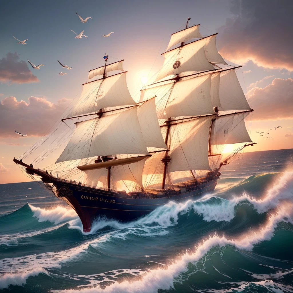 A nautical chart of a sailing ship with a sea monster motif, tidal sea, huge waves, waves, (((several seagulls flying near the sea))), the sun rises over the horizon, the sun stains half the sky red, white clouds, Surrealism, drop shadow, anaglyph, stereogram, tachi-e, pov, atmospheric perspective, 8k, super detail, ccurate, best quality, ultra-high resolution (authenticity: 1.4), ultra-high quality, extremely detailed CG Unity 8k wallpapers, aesthetics, award-winning photography, realism, high detail, detail enhancement, blur removal, intricacies, travel art