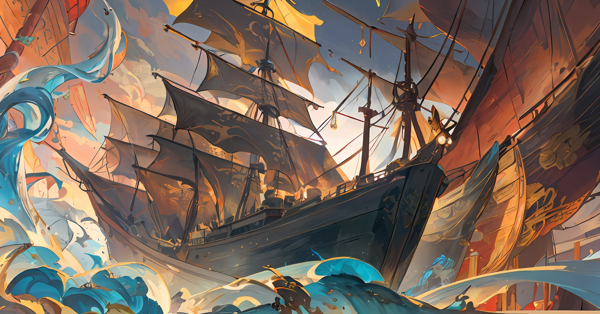 Sea monster attacking ships, (sea), (ships sailing in the sea: 1.3), huge sails, gold dye, black, white, gold and blue, intricate ink painting, g liulian art style Chinese mythology, highly detailed official artwork, intricate ink painting details, ancient Chinese art style, Chinese dragon concept art, Chinese fantasy