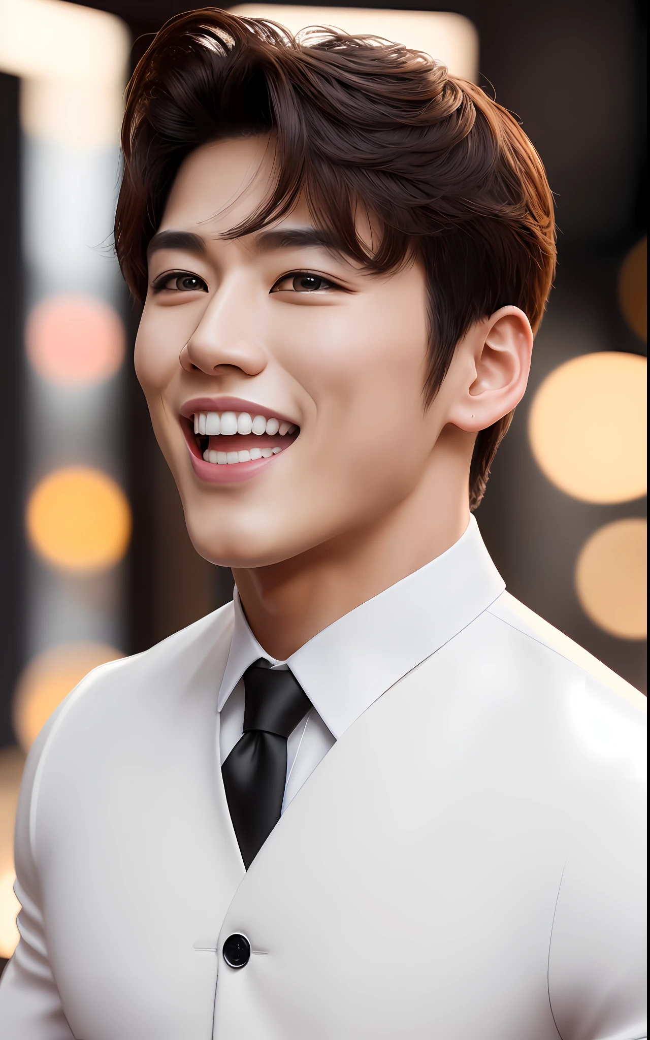 Solo, male focus, (masterpiece, ultra quality, high resolution, 8k, intricate: 1.2), (detailed face:1.2), handsome, Young Korean man ,white skin, double eyelids , detailed skin, 1boy, ((realistic)), abs, good lighting quality, muscle veins, ((pale skin)), (smile:1.2), (mouth open:1.3),