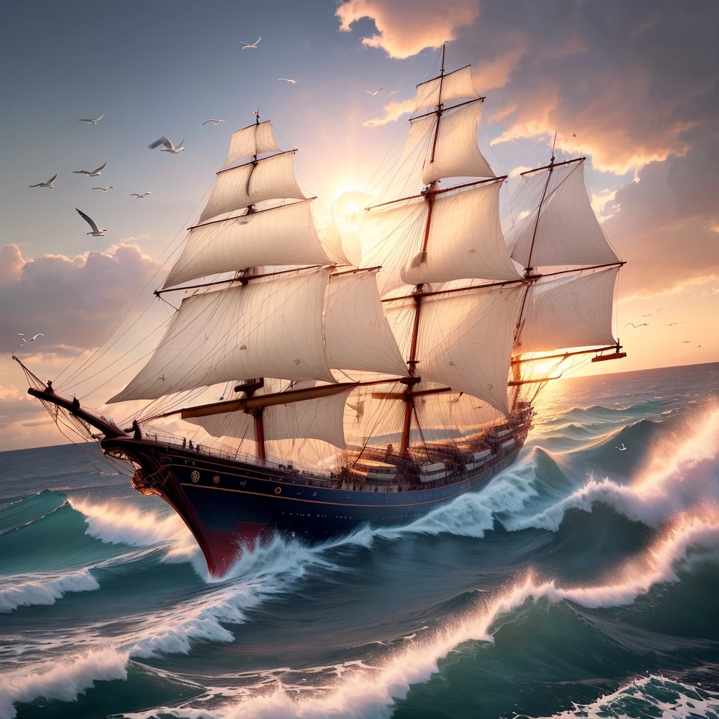 A nautical chart of a sailing ship with a sea monster motif, tidal sea, huge waves, waves, (((several seagulls flying near the sea))), the sun rises over the horizon, the sun stains half the sky red, white clouds, Surrealism, drop shadow, anaglyph, stereogram, tachi-e, pov, atmospheric perspective, 8k, super detail, ccurate, best quality, ultra-high resolution (authenticity: 1.4), ultra-high quality, extremely detailed CG Unity 8k wallpapers, aesthetics, award-winning photography, realism, high detail, detail enhancement, blur removal, intricacies, travel art