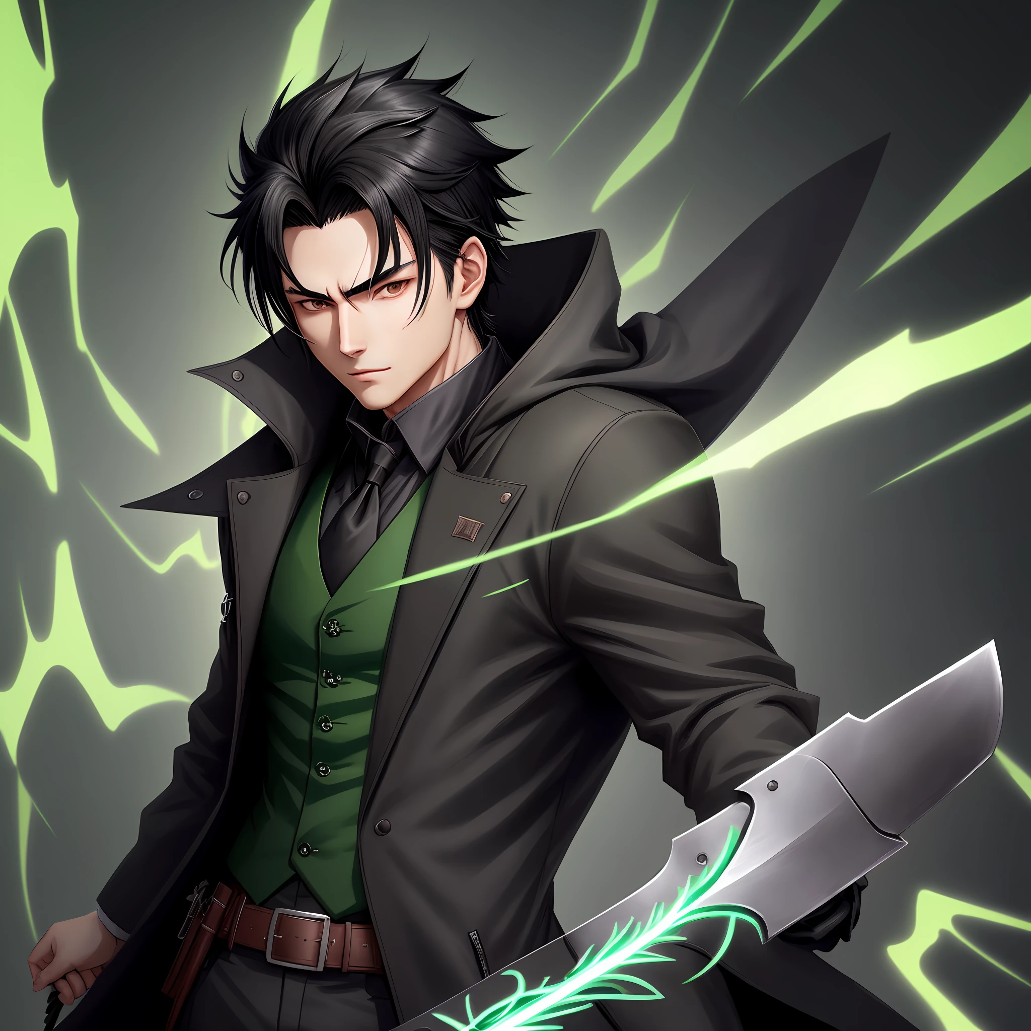 Anime character, black hair pulled back, with black overcoat, dark green details on clothes, holding an axe with green energy, with a mysterious aura around