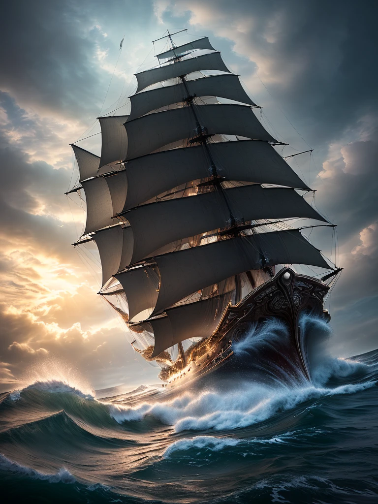 ultra hd, masterpiece, ccurate, super detail, high detail, 8k, award-winning, best quality, cg art, unreal 5, A GIANT PIRATE SHIP, ANCIENT CHINESE STYLE, SAILING IN THE SEA, BIG WAVES, (GIANT OCTOPUS TENTACLES STICKING OUT OF THE SEA, WRAPPED AROUND HULL: 1.3), TEMPEST, WAVES SPLASHING, REALISM, LOOKING UP TO SEE THROUGH, WARM AND COLD TONES, CINEMATIC LIGHTING, CHIAROSCURO, RAY TRACING, FROM BELOW, ULTRA WIDE ANGLE,