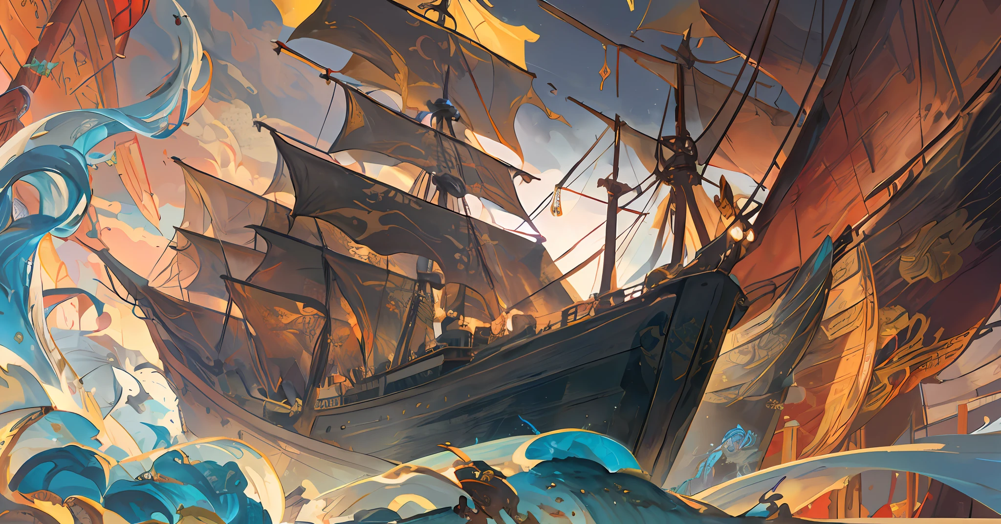 Sea monster attacking ships, (sea), (ships sailing in the sea: 1.3), huge sails, gold dye, black, white, gold and blue, intricate ink painting, g liulian art style Chinese mythology, highly detailed official artwork, intricate ink painting details, ancient Chinese art style, Chinese dragon concept art, Chinese fantasy