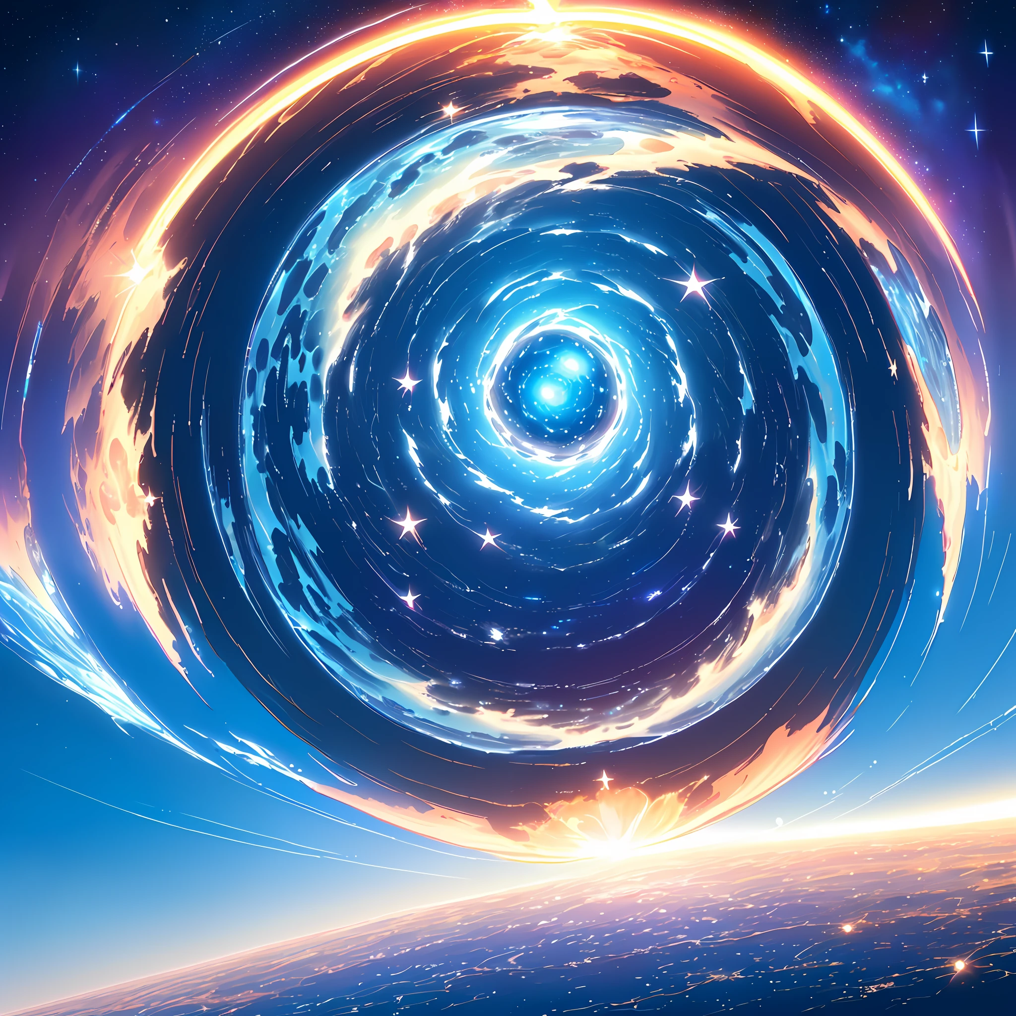 (best quality, masterpiece),(magical, charming, beautiful blue planet),(transformation, explosion),(bright star),(ultra-detailed details, dynamic camera),(wide view), (celestial illumination), (vibrant color and saturation)