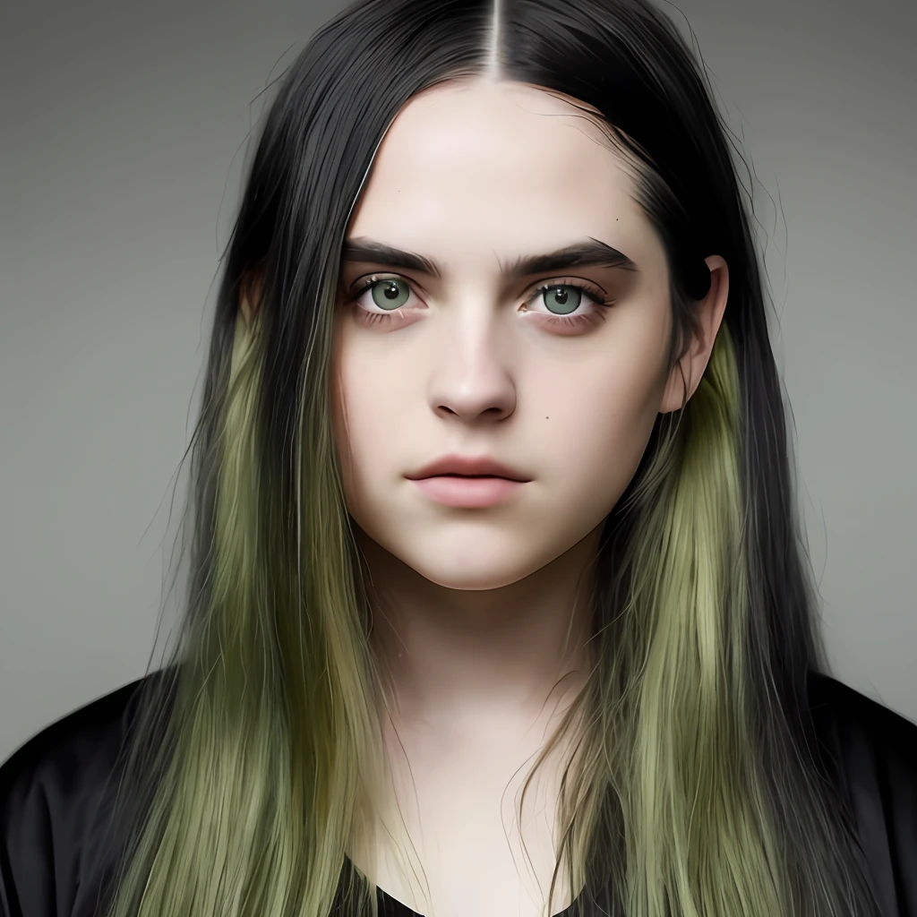 Billie Elish, mature 30 years old, light eyes, long hair, yellow-green and black hair color, blue eyes, wearing black clothes, personality, stage lighting, original simulation style, charming eyes, charming expressions. The background should be neutral and simple, pay close attention to details such as highlights and shadows on his face and hair to create a realistic and realistic image. Try different lighting techniques to enhance the mood and atmosphere of your portrait. Highly detailed skin, skin detail, sharp focus, volumetric fog, 8k uhd, SLR, high quality, film grain, fujifilm XT3, (best quality: 1.4), (masterpiece: 1.4), (detail: 1.3)