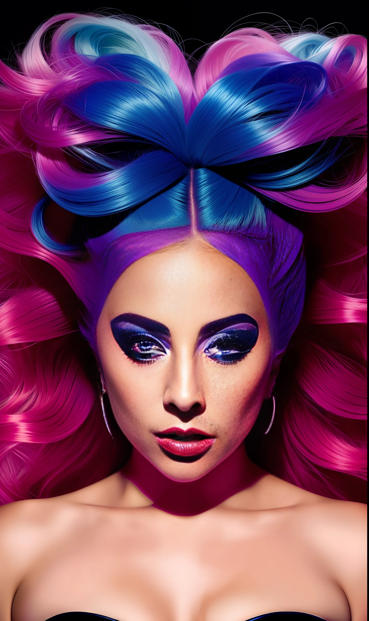 lady gaga scarlet with, 4k texture, long hair, high quality, extravagant hairstyle, original album cover, 8k image, futuristic, high image quality, at night, hair accessories, very realistic and defined face, neon hair