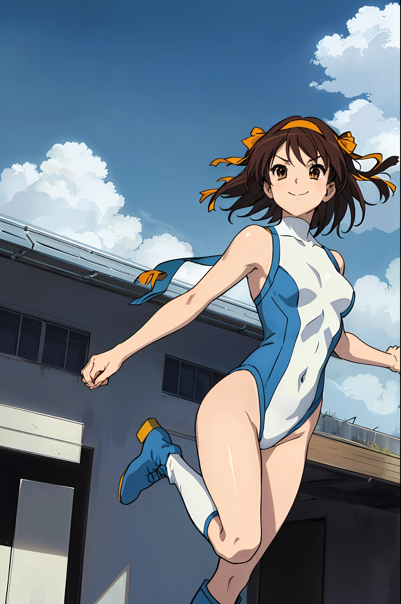 masterpiece, best quality, highres, 1girl, solo, superhero, leotard, blue and white leotard, bare legs, brown hair, short hair, brown eyes, hairband, medium hair, ribbon, boots, matching boots, blue boots, medium breasts, cowboy shot, smile, sky backdrop, haruhi suzumiya, kyoani haruhi style, sleeveless, flying, floating, looking at viewer, perfect arms, perfect legs, perfect hands, perfect feet, perfect fingers, perfect boots, perfect hair, perfect body,