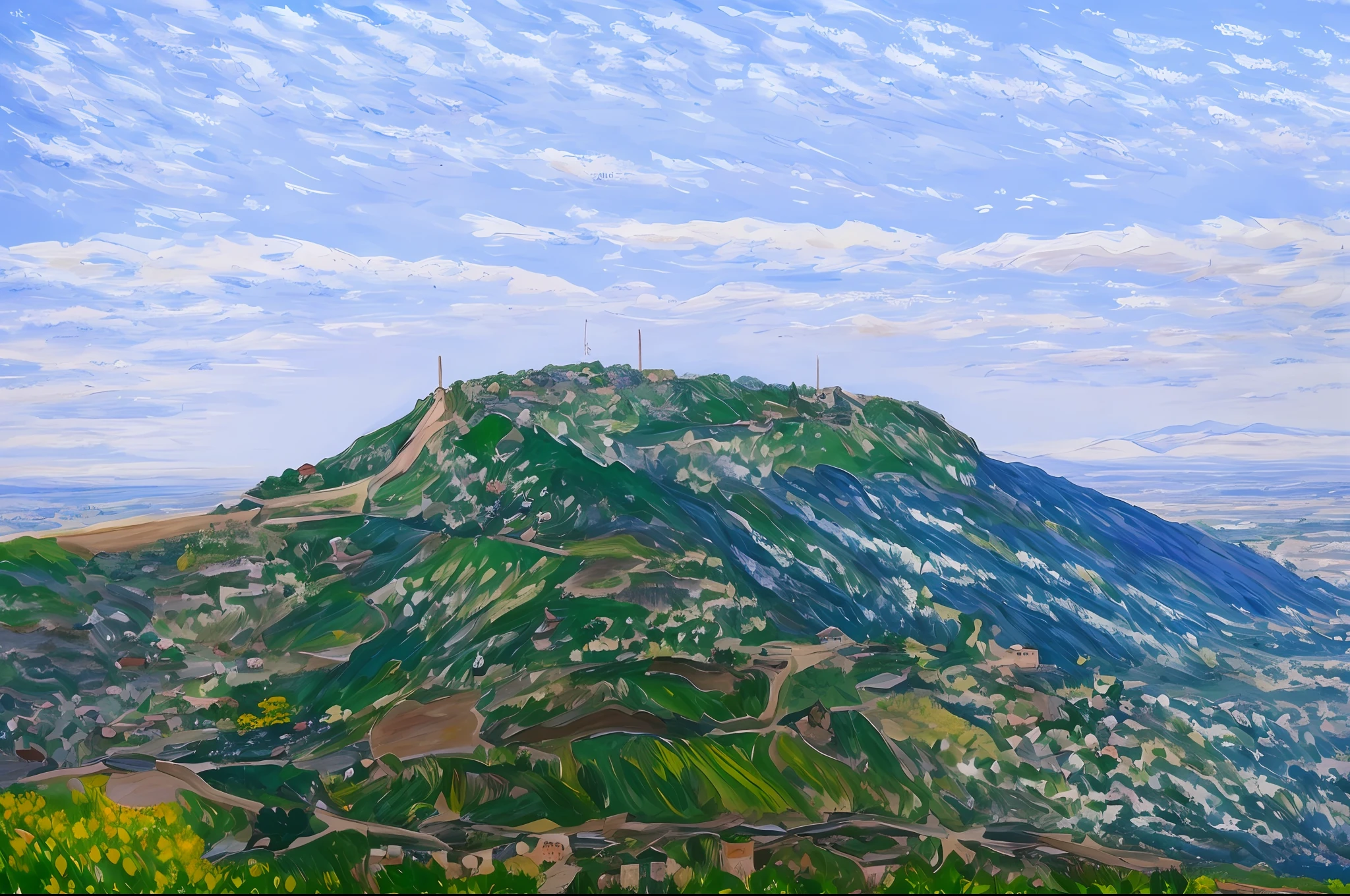 Hilltop town of Amedi in kurdistan, A city on top of hill, The city is surrounded by steep cliffs on all sides, ((style of Claude Monet)), oil painting, impressionism (((best quality))), single build, architecture, blue_sky, building, cloudy_sky, day, fantasy, build, architecture, landscape, moss, outdoors, overgrown, path, road, rock, scenery, sky, tree,