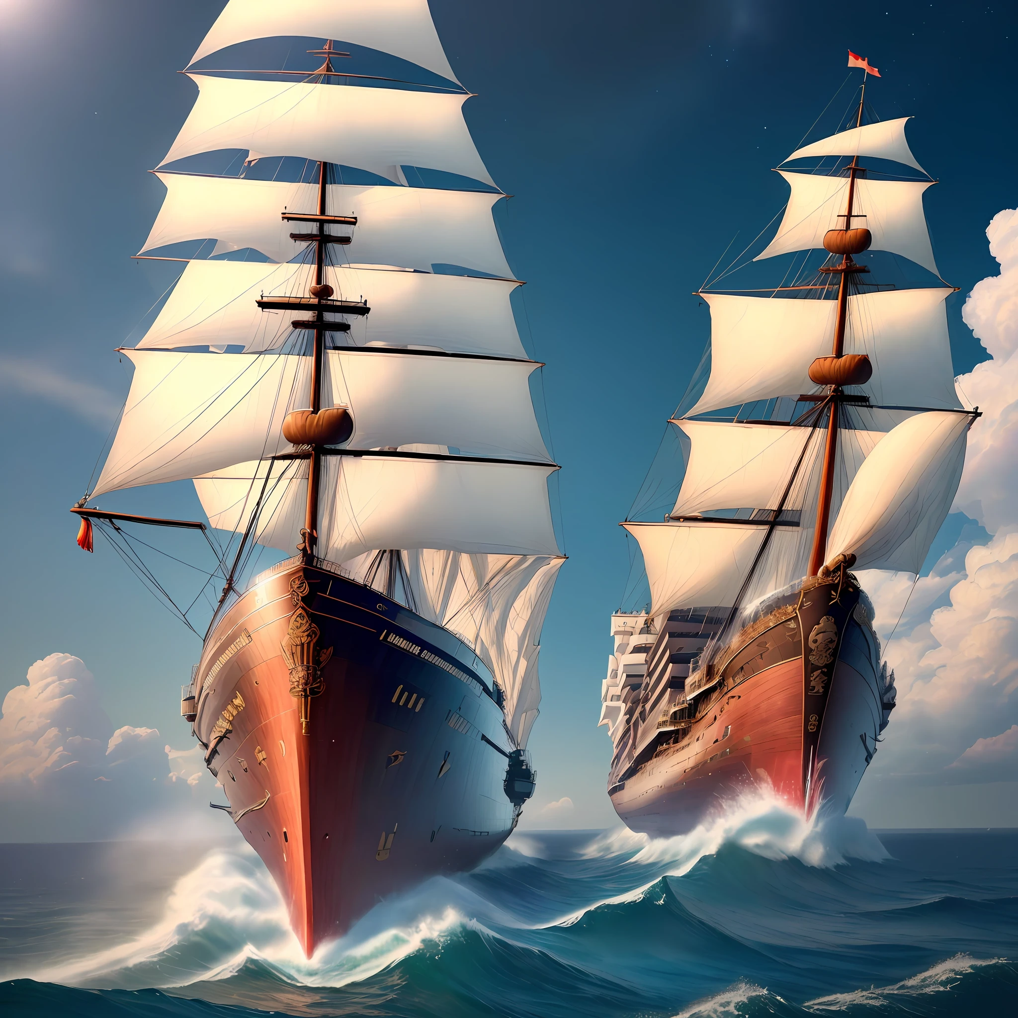 (((8k, RAW photo, best quality, masterpiece: 1.4))), super high resolution, super detailed, close-up, environment only, (huge ship flying in the sea), three huge building ships, (Chinese carved boat), dragon flag, luxury, eagle, starry sky, imagination, outdoors, blue sky