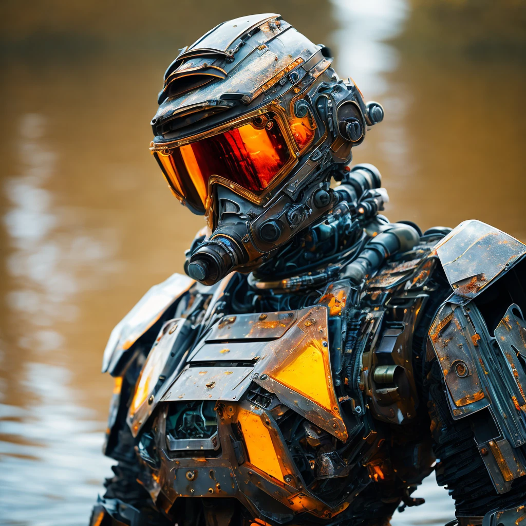 Portrait photo of transparent camo worn mech suit, ((light bokeh)), intricate, ((translucent) liquid water [rust]), elegant, sharp focus, photo by greg rutkowski, soft lighting, vibrant colors, masterpiece, ((streets)), detailed face