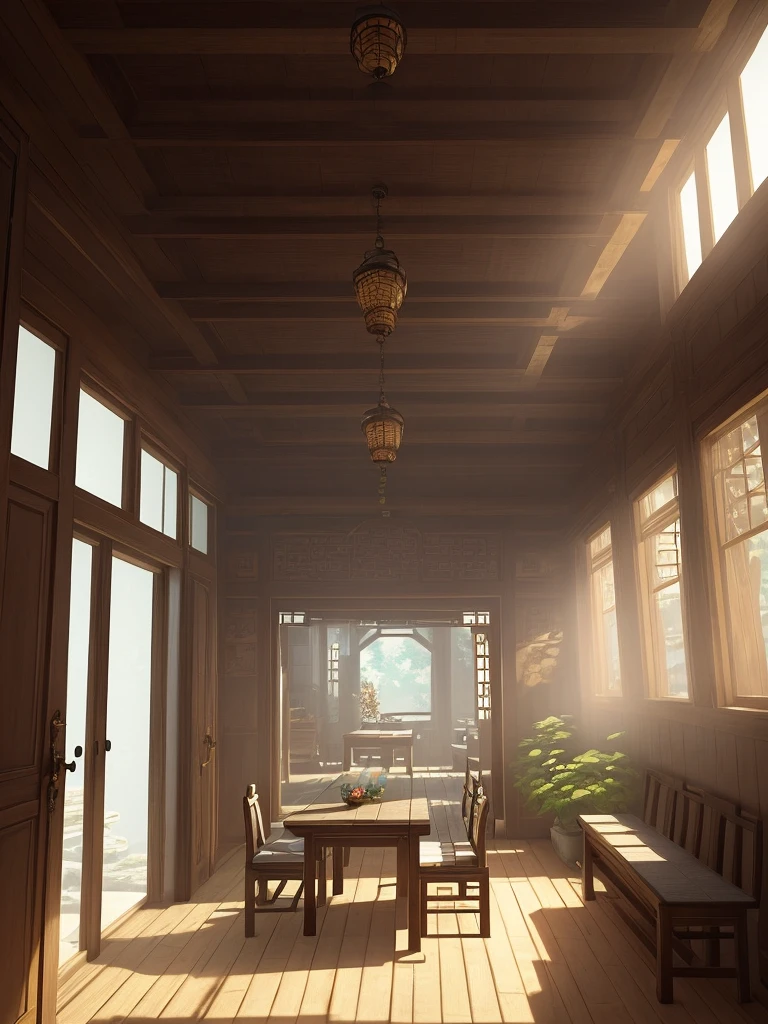 doorway view of a room with a table and a bench, concept art by senior environment artist, trending on polycount, conceptual art, akihiko yoshida. unreal engine, realistic afternoon lighting, dreamy chinese town, unreal engine art, villages ， unreal engine, 4k concept art and hyper realism, beautiful and cinematic lighting, unreal engine screenshot, detailed textures and lighting