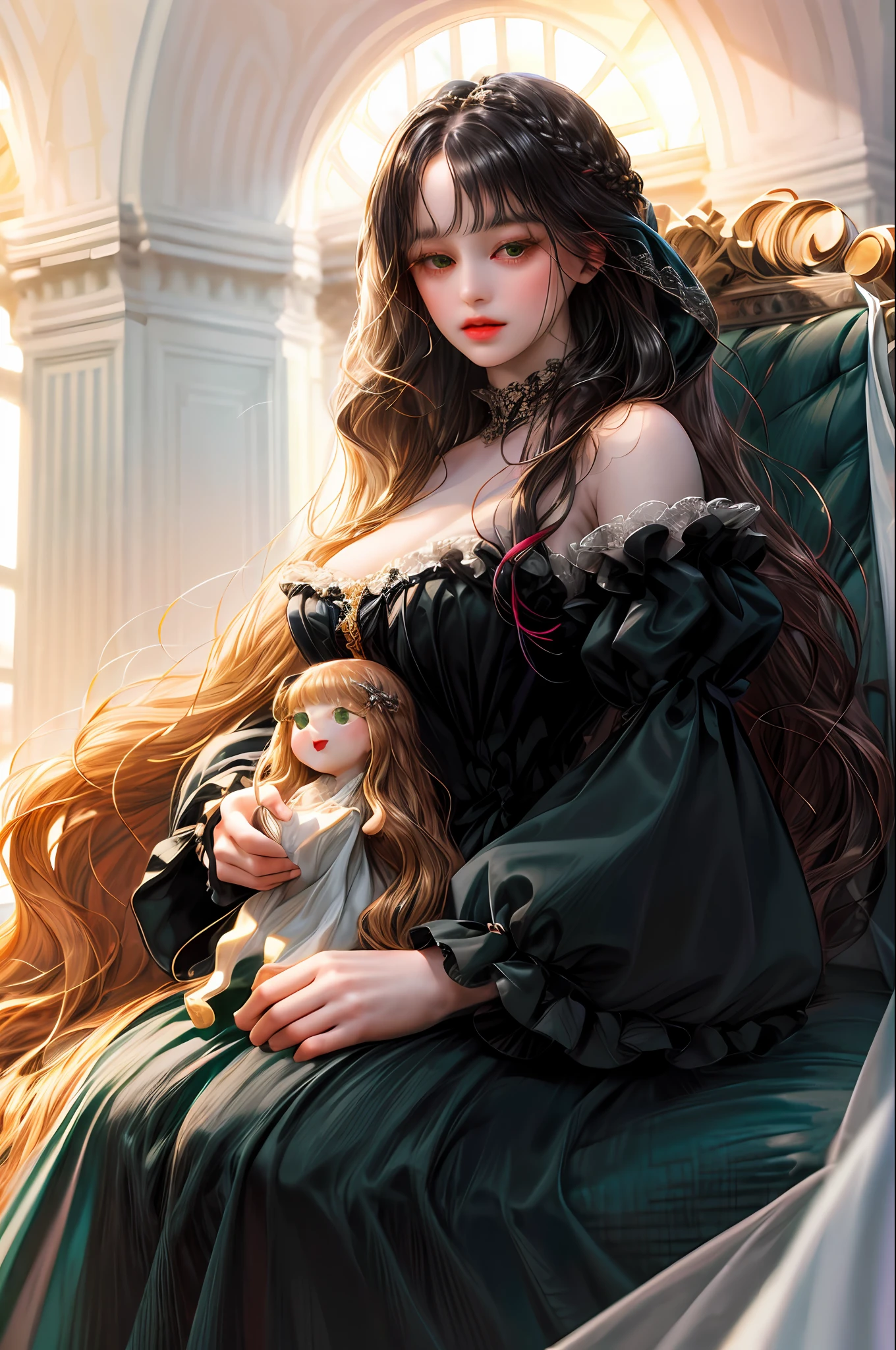 (absurd, highres, ultra detailed), 1girl, solo, mature, (very long hair, black hair, bangs: 1.4), baroque, long dress, long sleeves, elegant, colorful, highest detail, upper body, a chubby green-eyed doll and long fringed hair being held by her