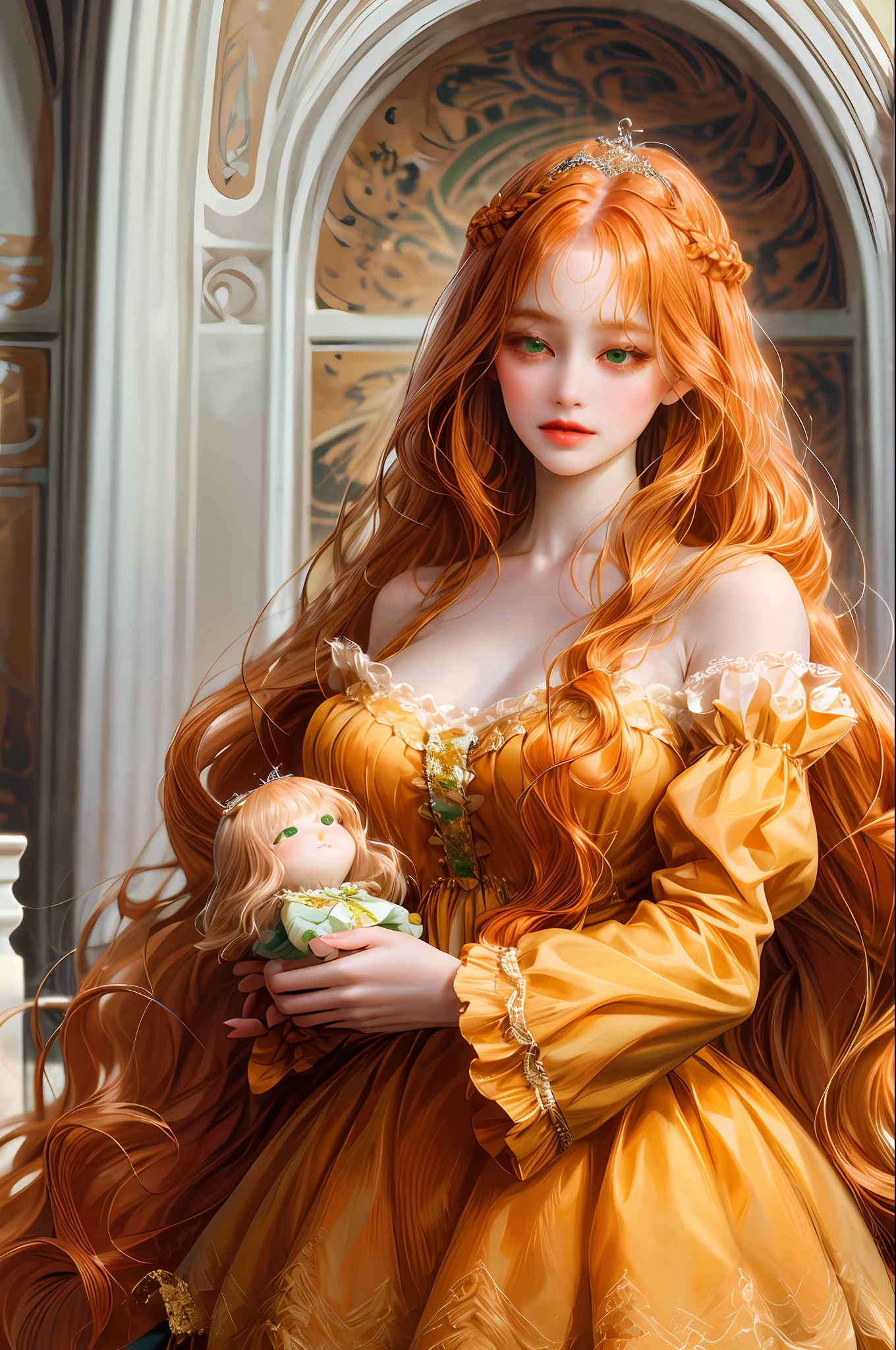 (absurd, highres, ultra detailed), 1girl, solo, mature, (very long hair, orange hair, bangs: 1.4), baroque, long dress, long sleeves, elegant, colorful, highest detail, upper body, a chubby green-eyed doll and long fringed hair being held by her