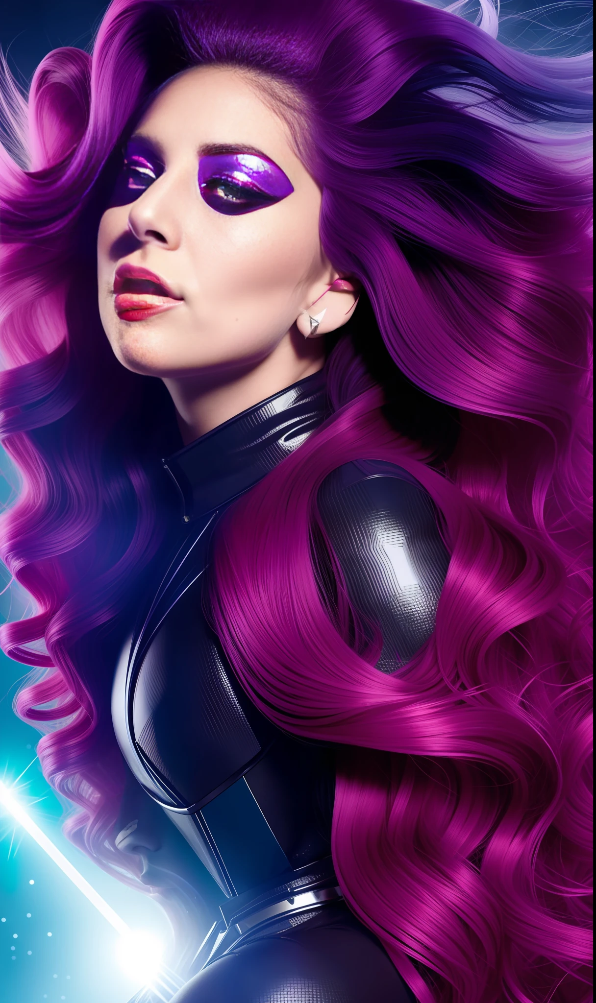 lady gaga mistique Xmen, 4K texture, long hair, high quality, extravagant hairstyle, original album cover, 8k image, futuristic, high image quality, at night, hair accessories, very realistic and defined face