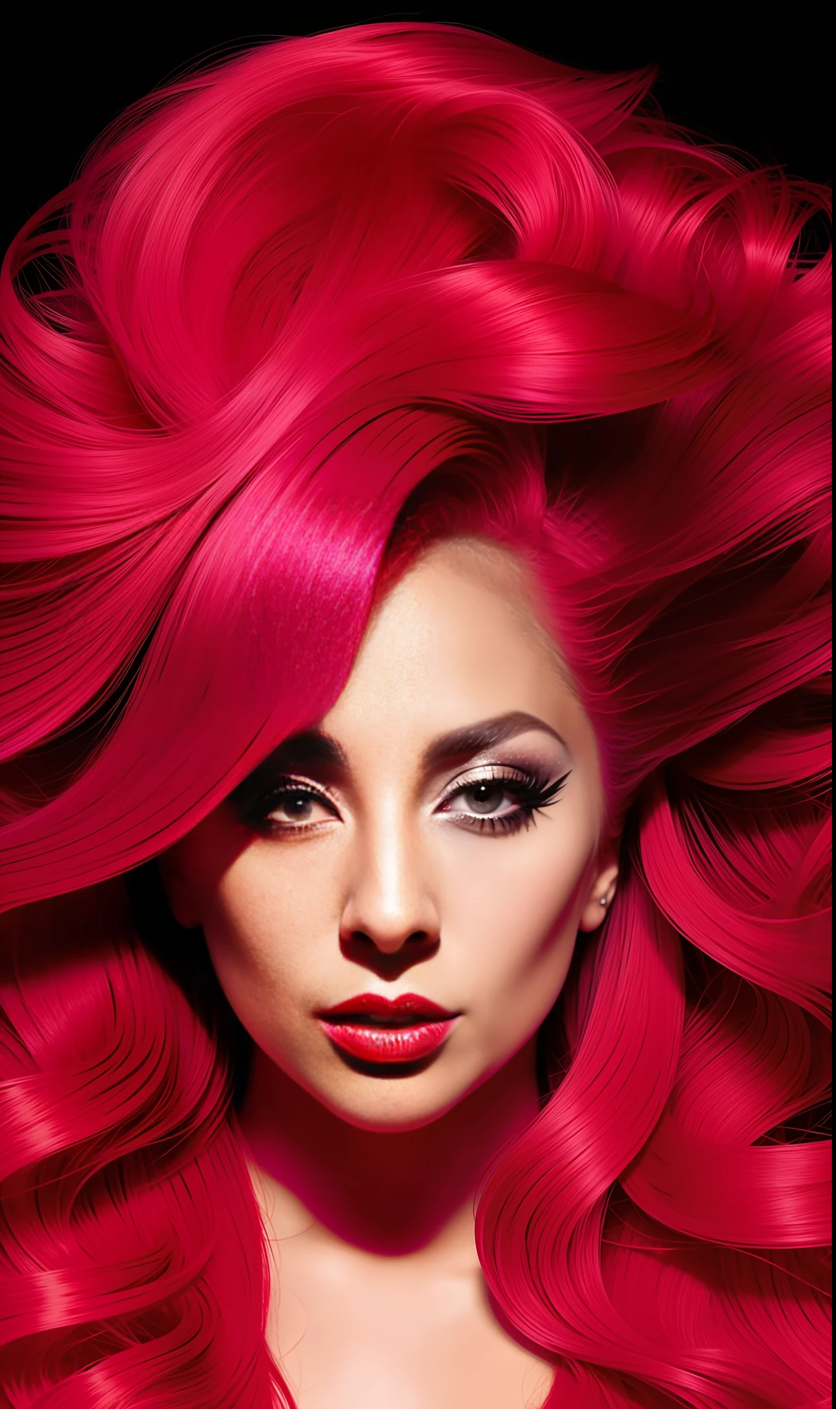 lady gaga scarlet with, 4k texture, long hair, high quality, extravagant hairstyle, original album cover, 8k image, futuristic, high image quality, at night, hair accessories, very realistic and defined face
