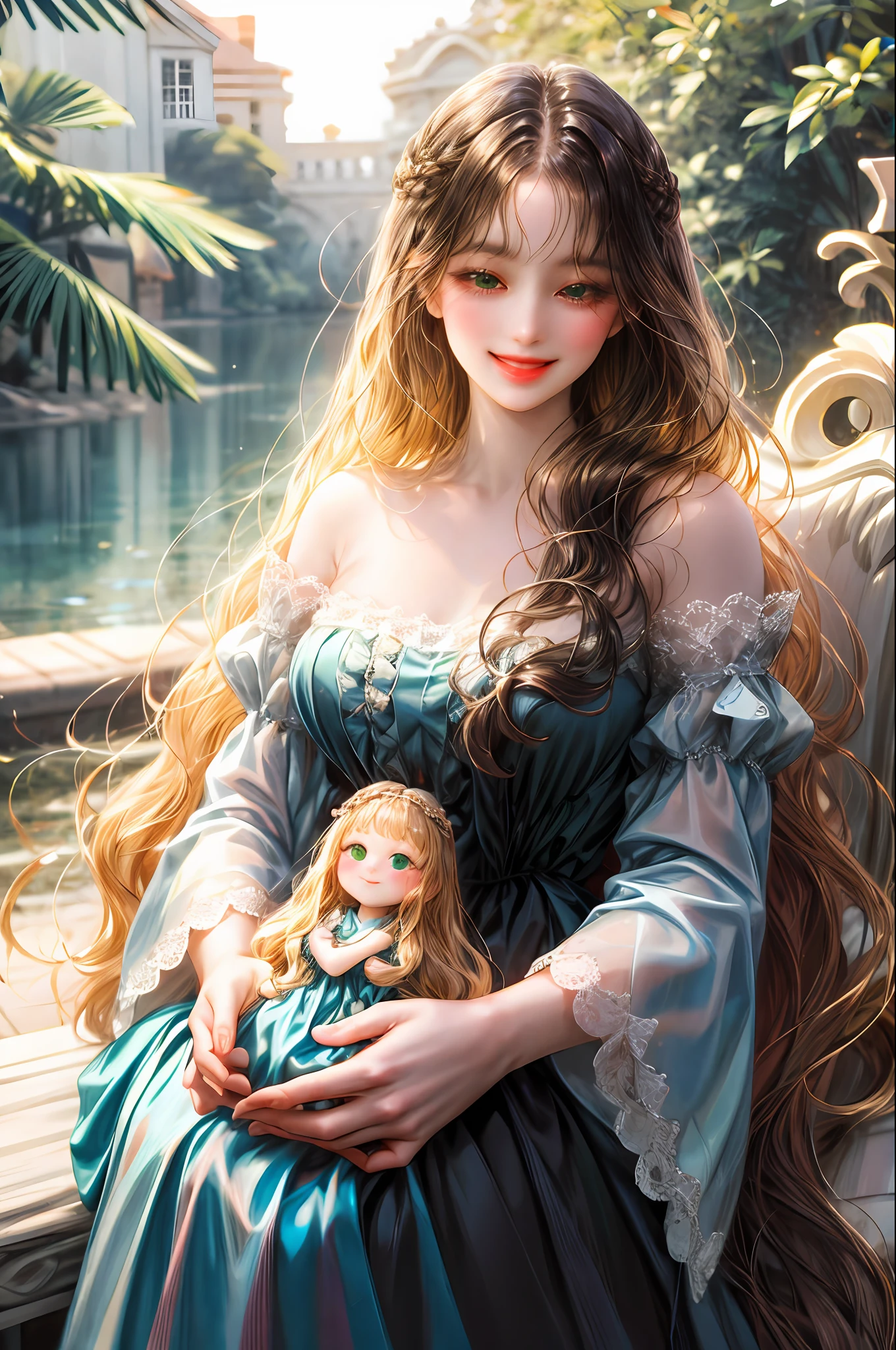 (absurd, highres, ultra detailed), 1girl, solo, mature, (very long hair, black hair, bangs: 1.4), baroque, long dress, long sleeves, elegant, colorful, highest detail, upper body, a chubby green-eyed doll and long fringed hair being held by her and a chubby doll-like blonde girl next to her looking at her lovingly and smiling happily