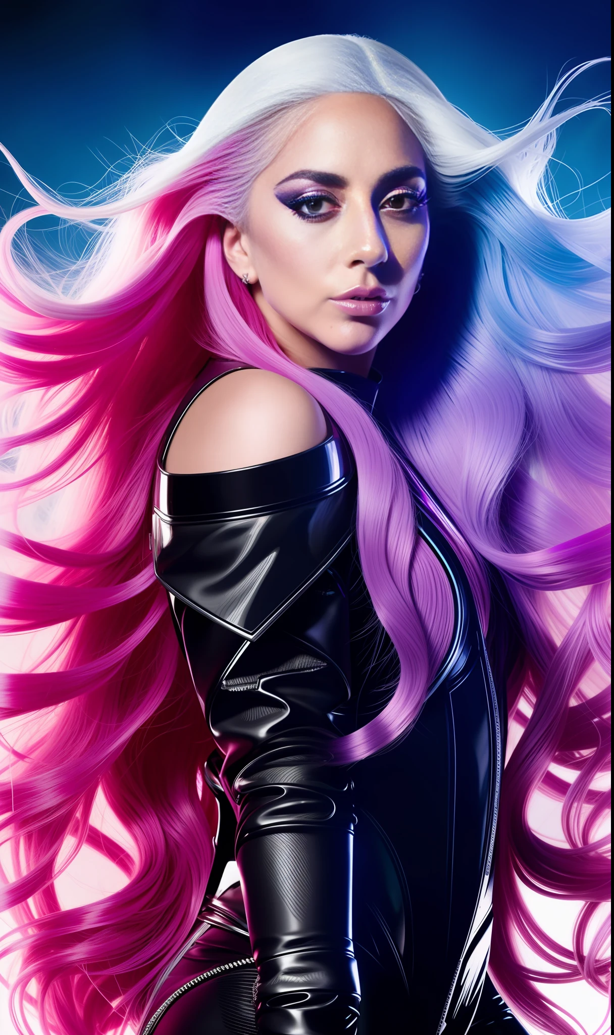 lady gaga mistique Xmen, 4K texture, long hair, high quality, extravagant hairstyle, original album cover, 8k image, futuristic, high image quality, at night, hair accessories, very realistic and defined face