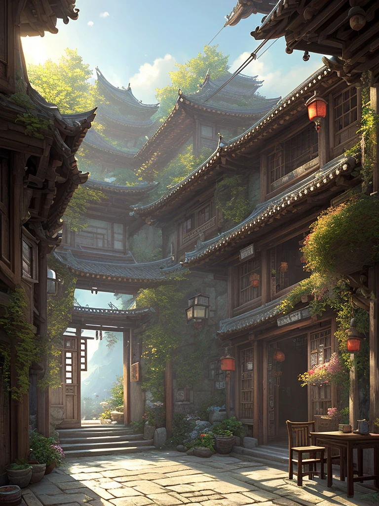 doorway view of a room with a table and a bench, concept art by senior environment artist, trending on polycount, conceptual art, akihiko yoshida. unreal engine, realistic afternoon lighting, dreamy chinese town, unreal engine art, villages , unreal engine, 4k concept art and hyper realism, beautiful and cinematic lighting, unreal engine screenshot, detailed textures and lighting