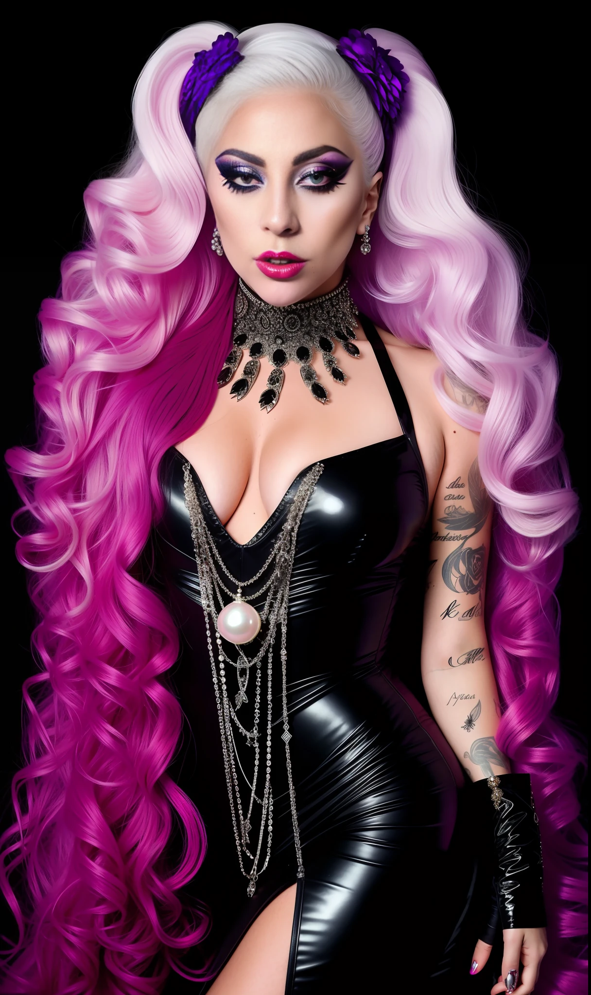 lady gaga gothic, 4k texture, long hair, high quality, extravagant hairstyle, original album cover, 8k image, futuristic, high image quality, at night, hair accessories, very realistic and defined face, full body, pearl dress, realistic, various poses