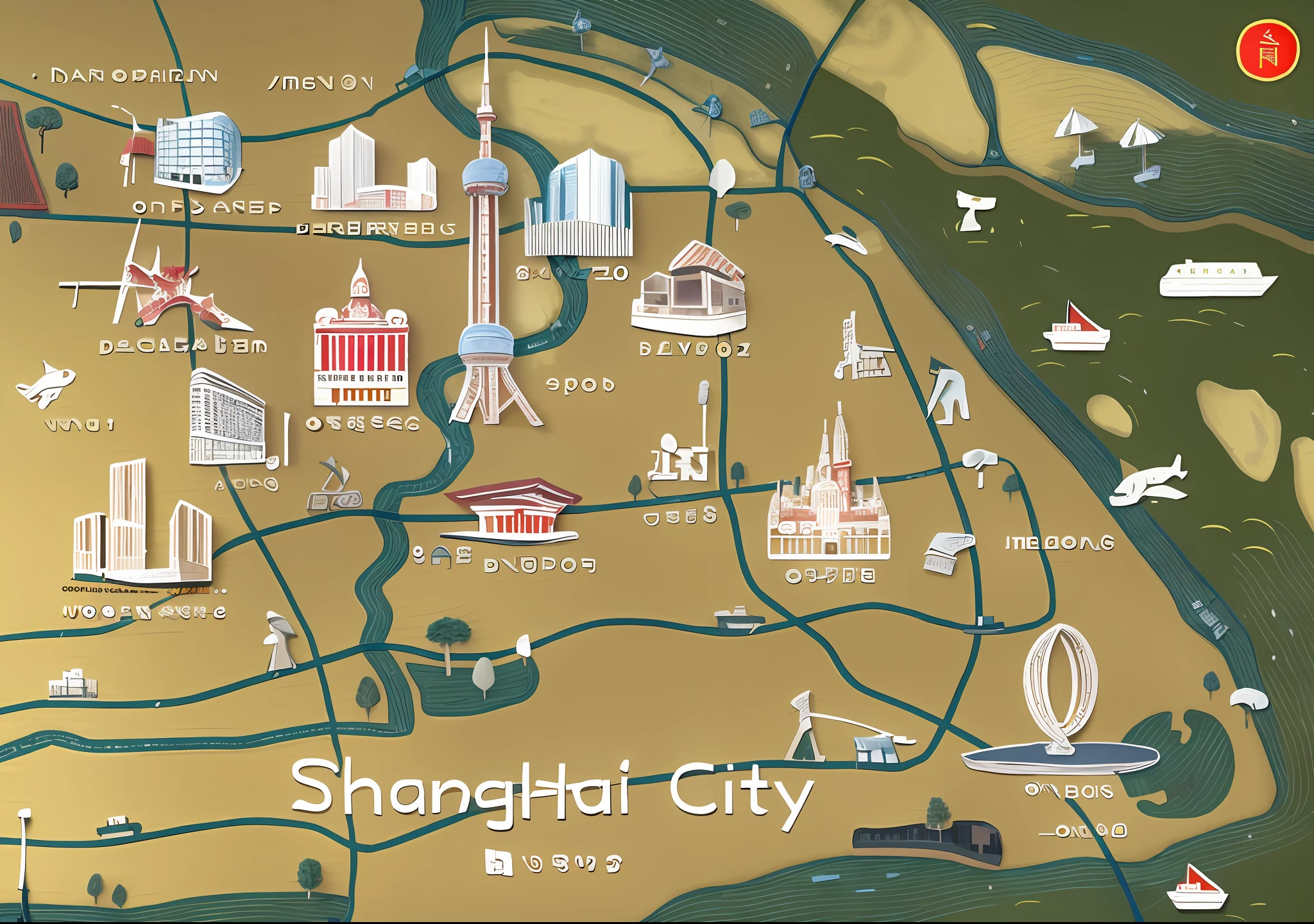 Close-up of a city map with a lot of buildings, Shanghai, Shanghai City, Chinese New Year in Shanghai, highly detailed map, tourist map, city map, game map, tourist destination, Hangzhou, map, inspired by Shi Zhonggui, based on geographical map, Shenglin style artwork, detailed map
