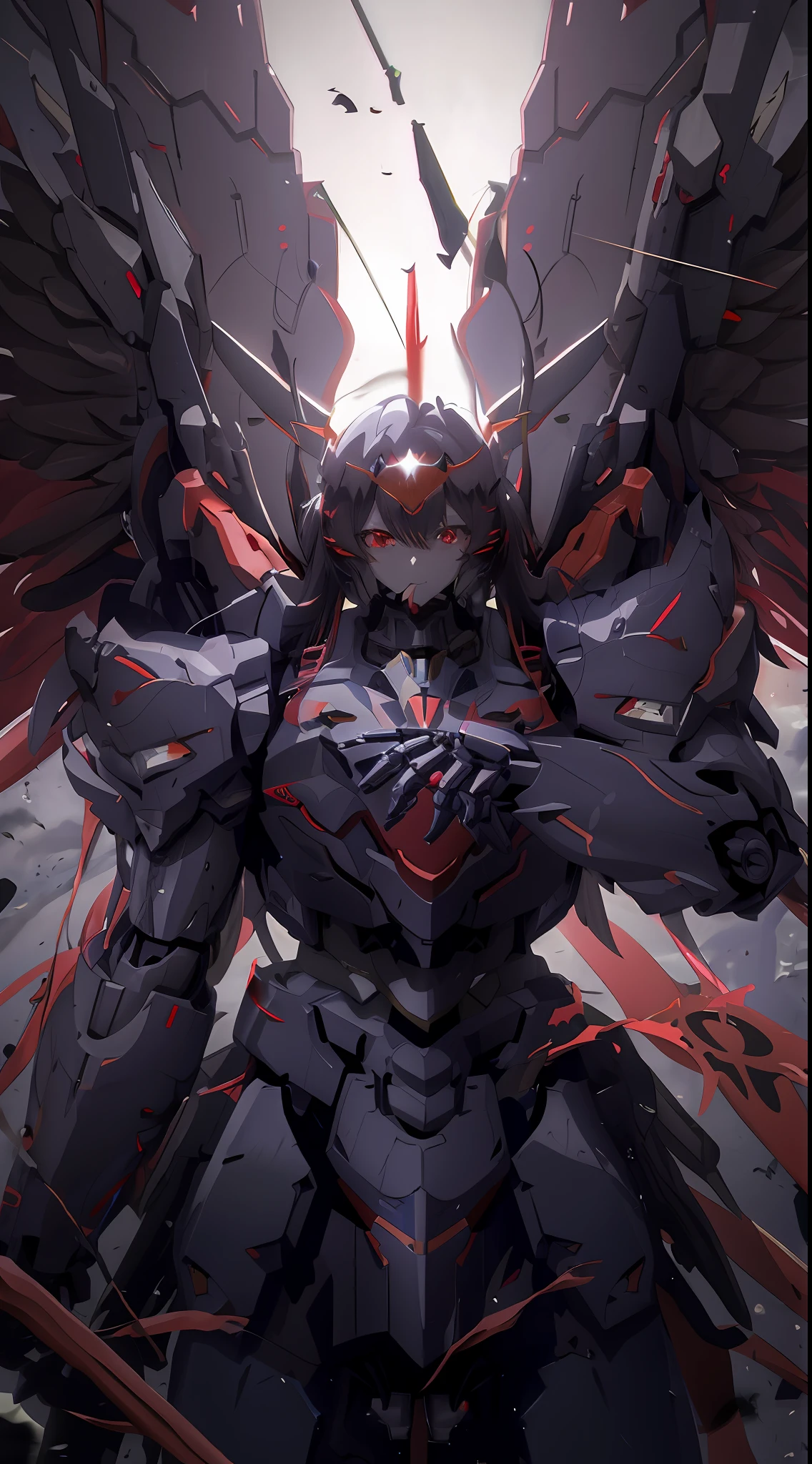 anime character with wings and a red eye standing in front of a dark background, mecha wings, best anime 4k konachan wallpaper, modern mecha anime, cool mecha style, mecha art, mecha anime, badass anime 8 k, 4k anime wallpaper, anime mecha aesthetic, an anime large mecha robot, gurren lagan