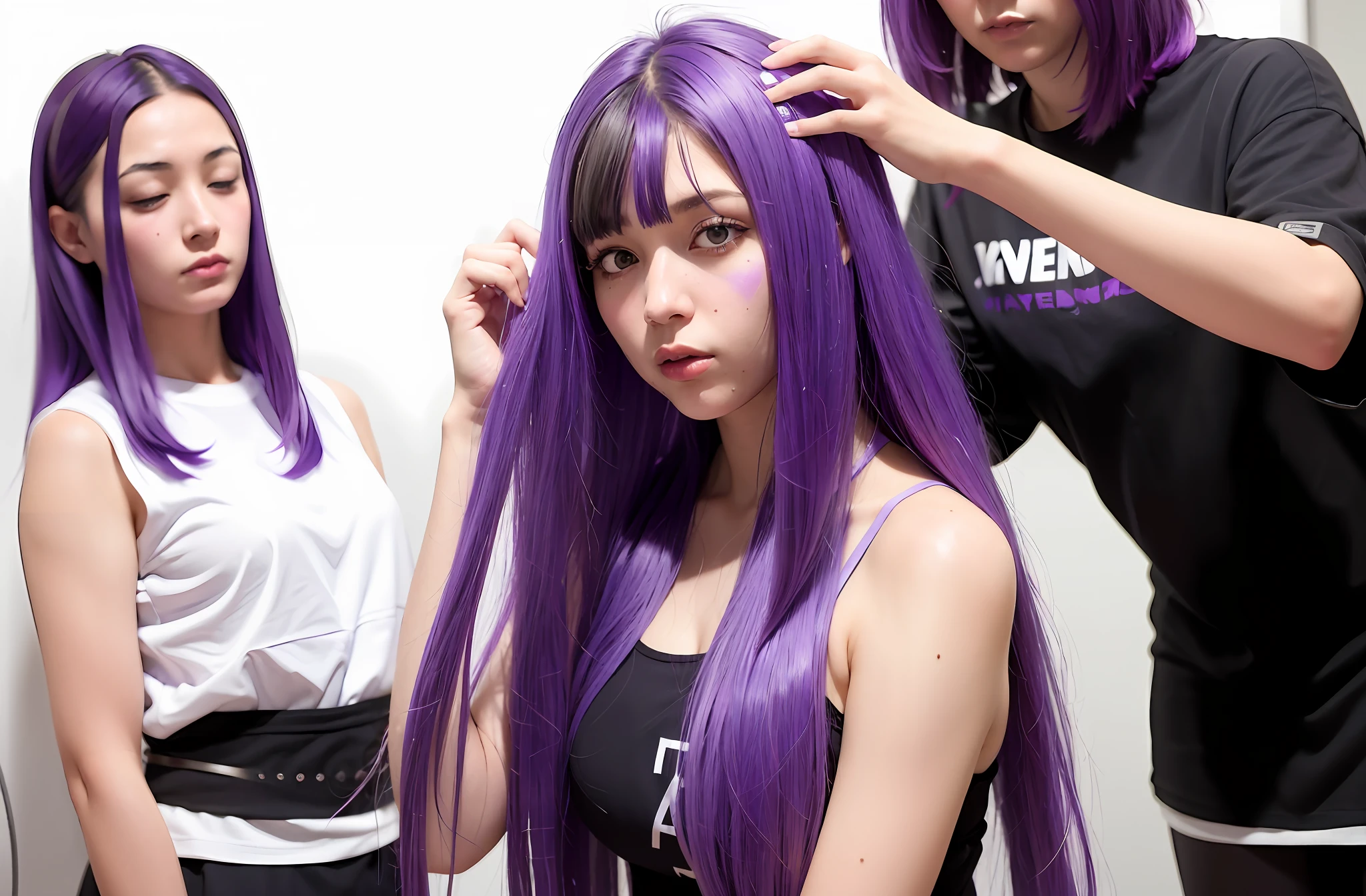 araffes with purple hair is getting her hair done, hair coloring, purple highlights, purple streaks in hair, violet hair, ultra violet highlights, flowing purple hair, purple hair, long violet hair, lavender hair, purple long hair, violet long hair, two color hair, lilac hair, light iridescent hair color, violet color, dye hair, long purple hair