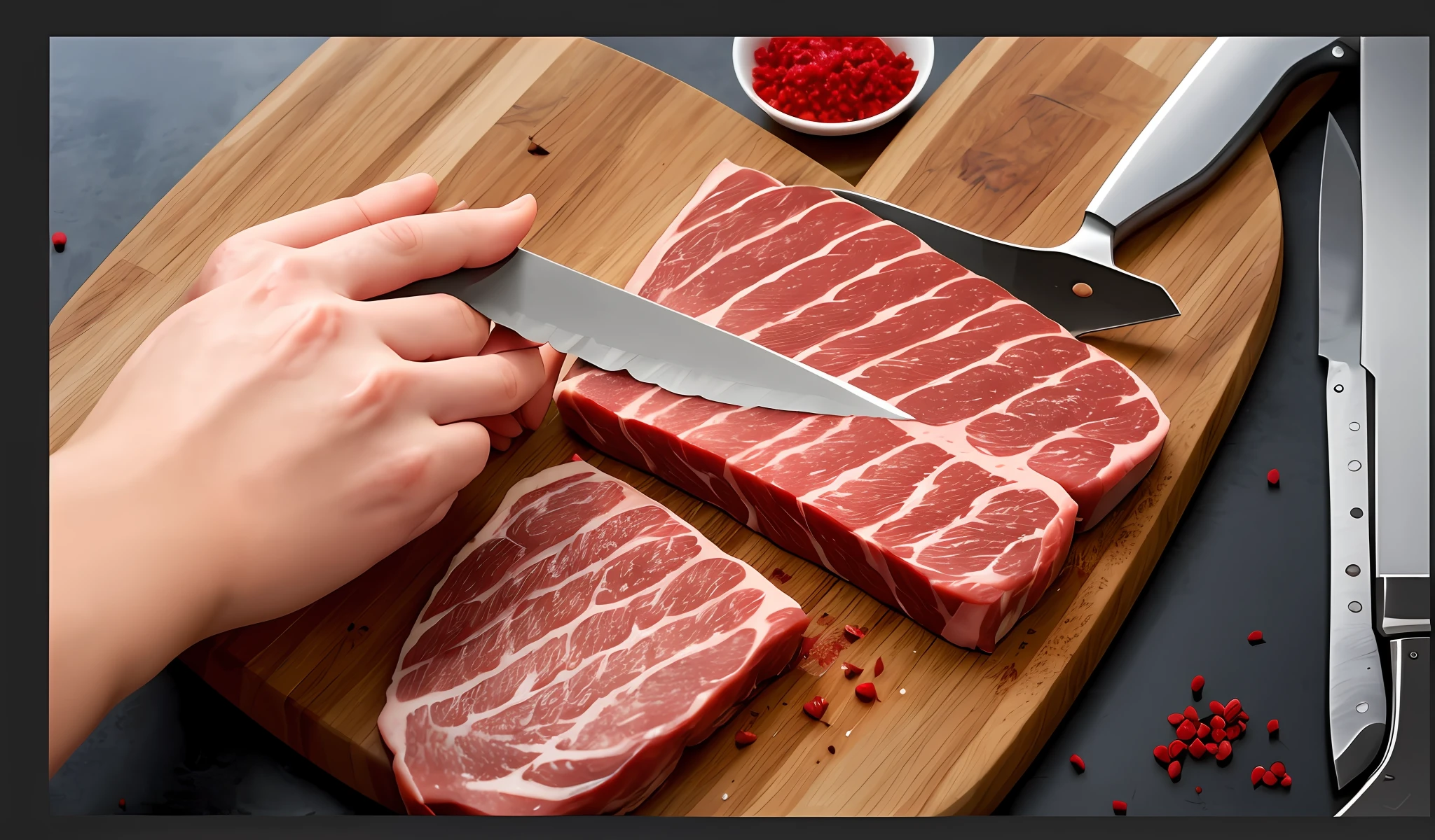 someone cutting a piece of meat on a cutting board with a knife, closeup of a butcher working, filleting technique, in a butcher shop, raw pork, beef, red meat shreds, meat with veins, eating meat, meat, steak, meat texture, chopping hands, butcher, meat veins, precision, juicy meat, ground red meat
