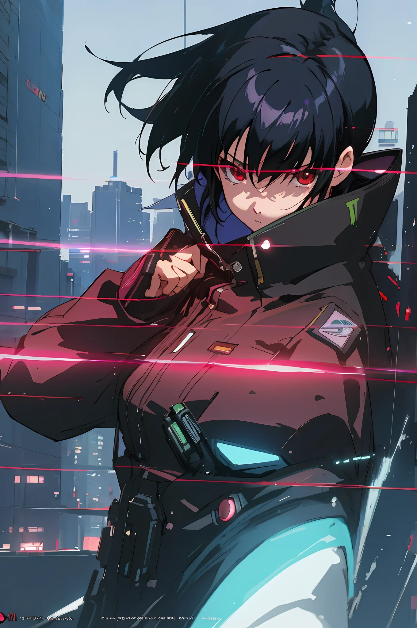 anime character with black hair and red eyes in a city, futuristic jacket, digital cyberpunk anime art, badass anime 8 k, best anime 4k konachan wallpaper, anime style 4 k, digital cyberpunk - anime art, anime art wallpaper 8 k, anime wallpaper 4k, anime wallpaper 4 k, anime art wallpaper 4k, anime art wallpaper 4 k, anime cyberpunk art, highest quality digital art,close up shot, stunning art by makoto shinkai