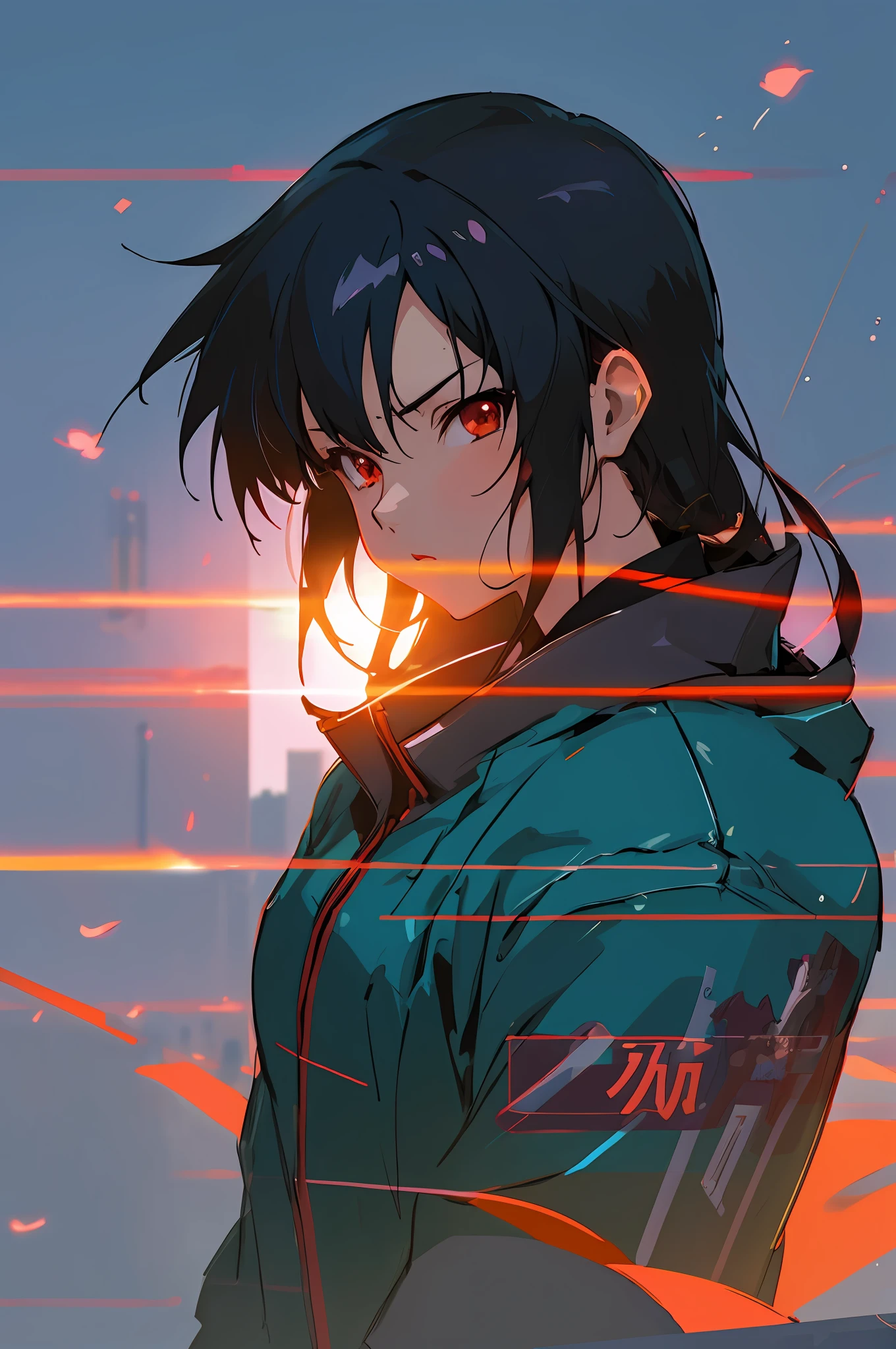 anime character with black hair and red eyes in a city, futuristic jacket, digital cyberpunk anime art, badass anime 8 k, best anime 4k konachan wallpaper, anime style 4 k, digital cyberpunk - anime art, anime art wallpaper 8 k, anime wallpaper 4k, anime wallpaper 4 k, anime art wallpaper 4k, anime art wallpaper 4 k, anime cyberpunk art, highest quality digital art,close up shot, stunning art by makoto shinkai
