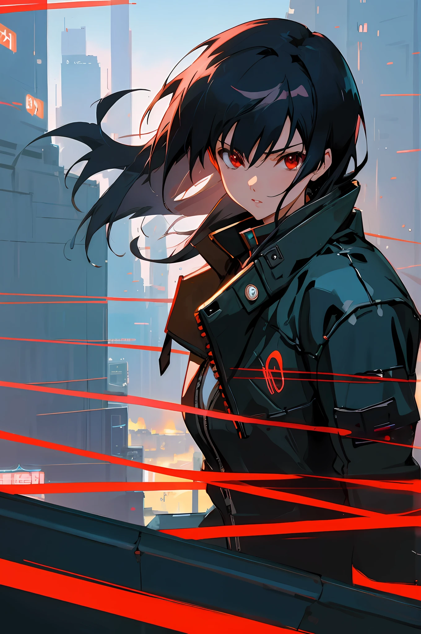 anime character with black hair and red eyes in a city, futuristic jacket, digital cyberpunk anime art, badass anime 8 k, best anime 4k konachan wallpaper, anime style 4 k, digital cyberpunk - anime art, anime art wallpaper 8 k, anime wallpaper 4k, anime wallpaper 4 k, anime art wallpaper 4k, anime art wallpaper 4 k, anime cyberpunk art, highest quality digital art,close up shot, stunning art by makoto shinkai