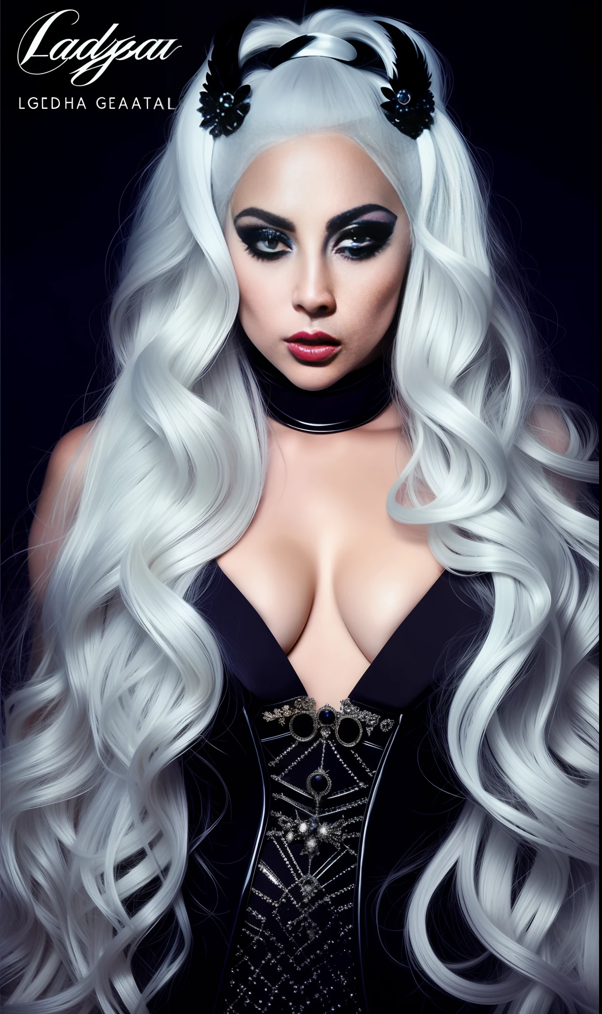 lady gaga gothic, 4k texture, long hair, high quality, extravagant hairstyle, original album cover, 8k image, futuristic, high image quality, at night, hair accessories, very realistic and defined face, full body pearl dress, realistic, various poses, full body