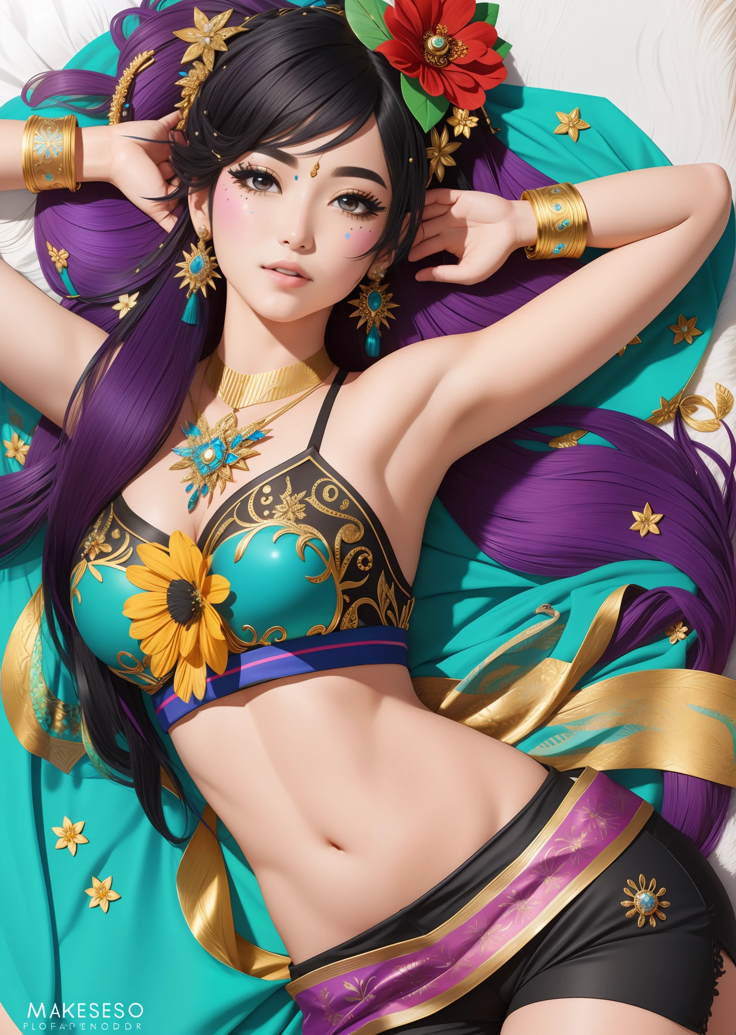 masterpiece, best quality, neeko, hair ornaments, hair flower, blackshorts, crop top, lizard tail, facial marks