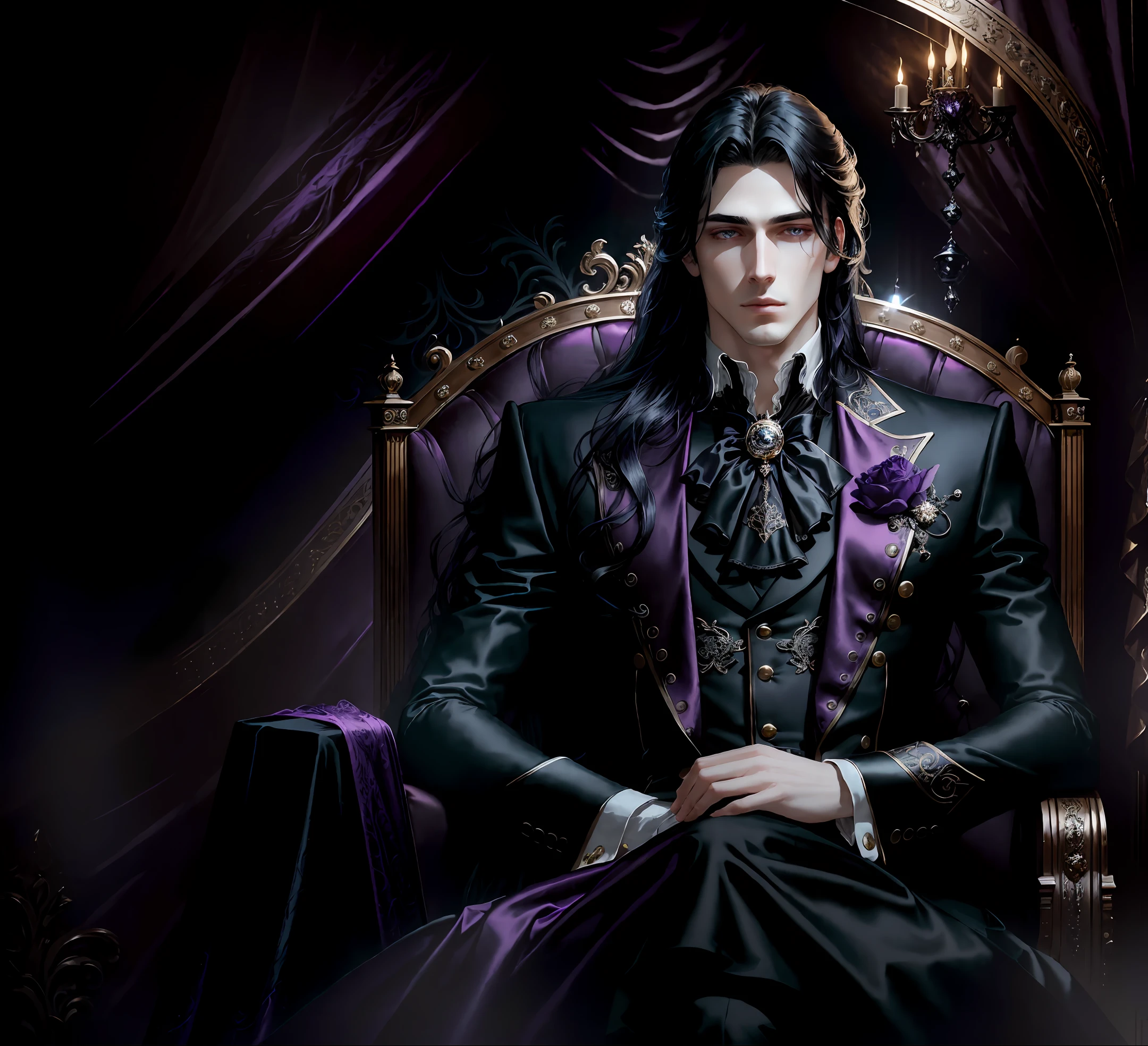 masterpiece, highest quality, (solo focus), (perfect face:1.1), (high detail:1.1), dramatic, (1guy), (pale skin), long black hair, purple ethereal eyes, solo, covered naval, moon, night, gothic luxury suit, pouty lips, covered, luxury gothic bedroom, detailed background, sitting on gothic chaise, art by artgerm and greg rutkowski, cinematic lighting,