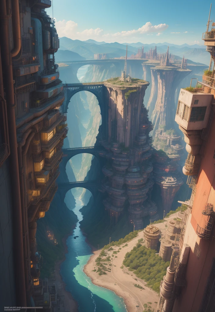 sci-fi cyberpunk city, deep ravine rift in the middle, architectural streets, reactors, breeder, oil refinery, cars, bridges, sunny days, exotic architecture, masterpiece, best quality, high detial, hyper realistic