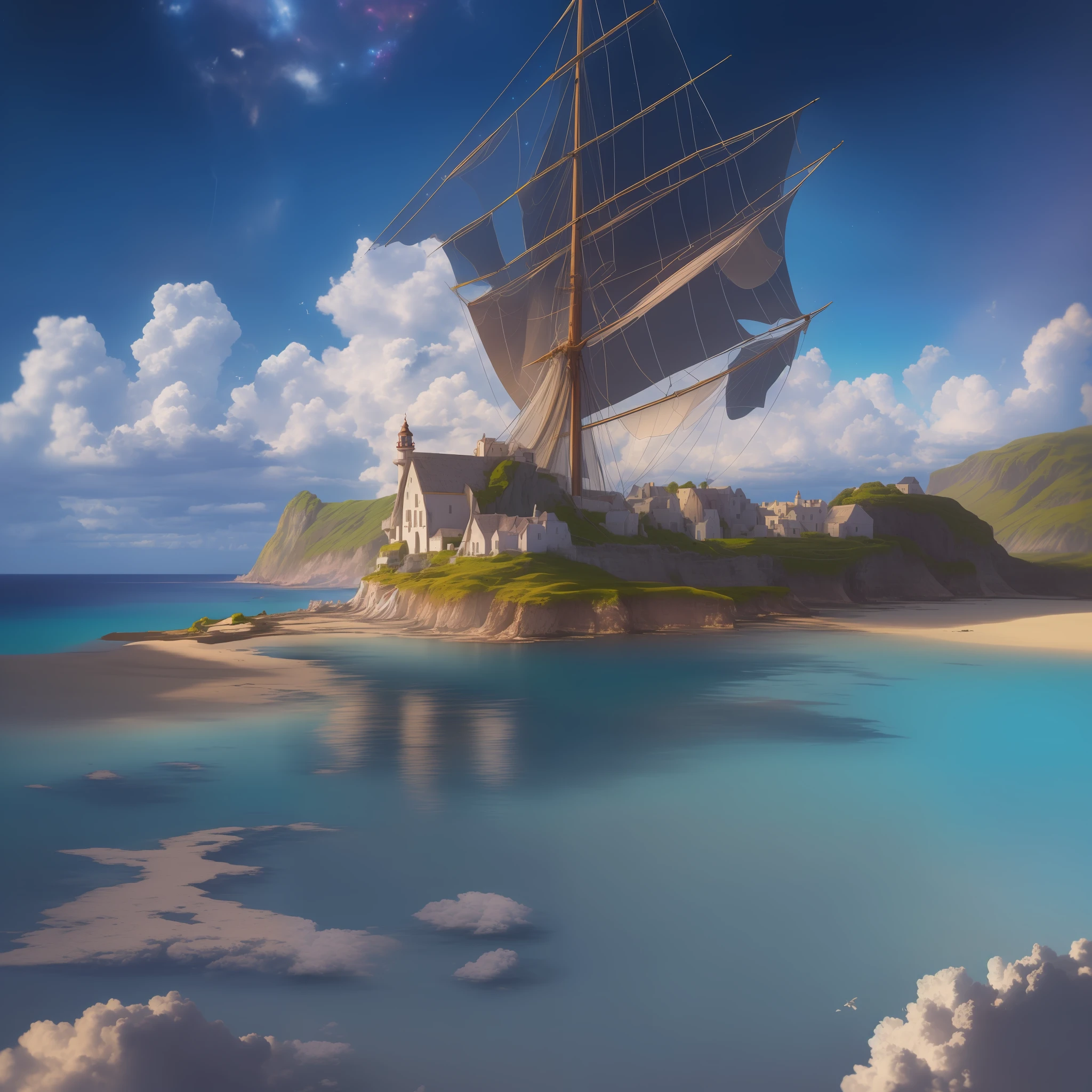 Beautiful island, home of land navigators, under the cracks of the clouds, the light of God, (tiny color) (((masterpiece))), ((best quality), (very detailed), depth of field, realistic, sharply focused, soft light, HDR, bright, colorful, well composed, spectacular, from behind, --v 6