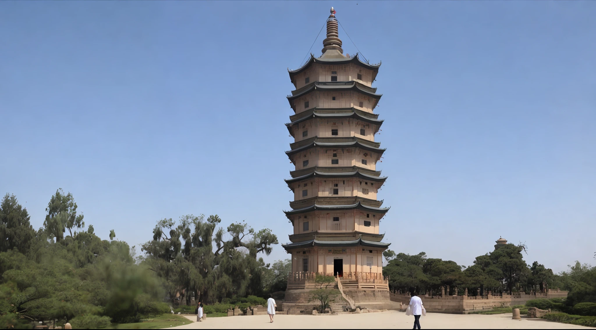 arafed pagoda in a park with a person walking by it, ancien chinese tower, pagoda, ancient silver tower of the moon, tower, baotou china, pagoda with a lot of wind chimes, gigantic tower, qiangshu, 1 4 8 0 s, large temples, xianxia, ancient chinese architecture, painted tower of the moon