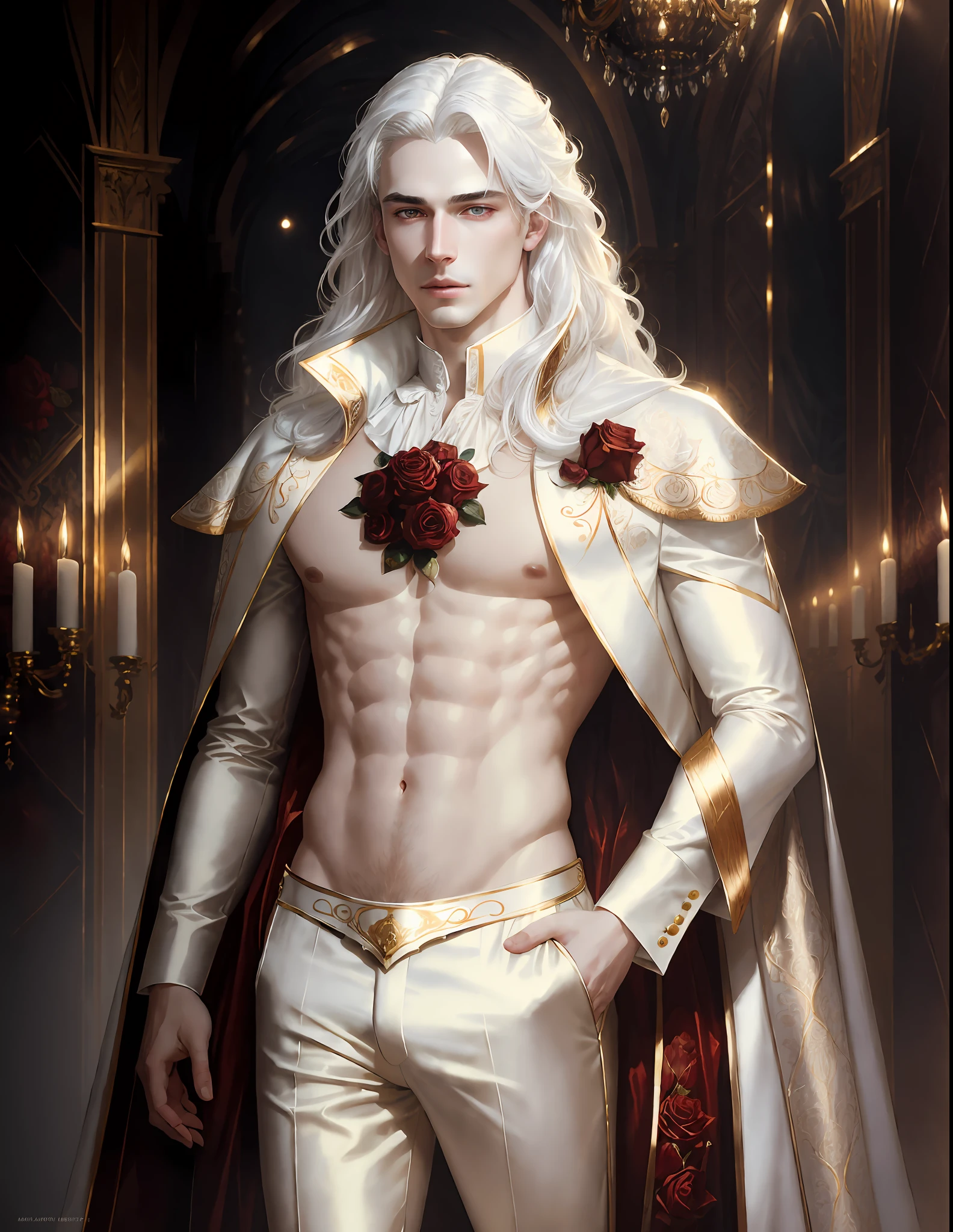 masterpiece, highest quality, (solo focus), (perfect face:1.1), (high detail:1.1),dramatic, 1guy, (pale skin), long white hair, white eyes, [light eyebrows], solo, venetian mask, white luxury suit, covered navel, pouty lips, covered, ballroom, detailed background, art by artgerm and greg rutkowski,  cinematic lighting, roses