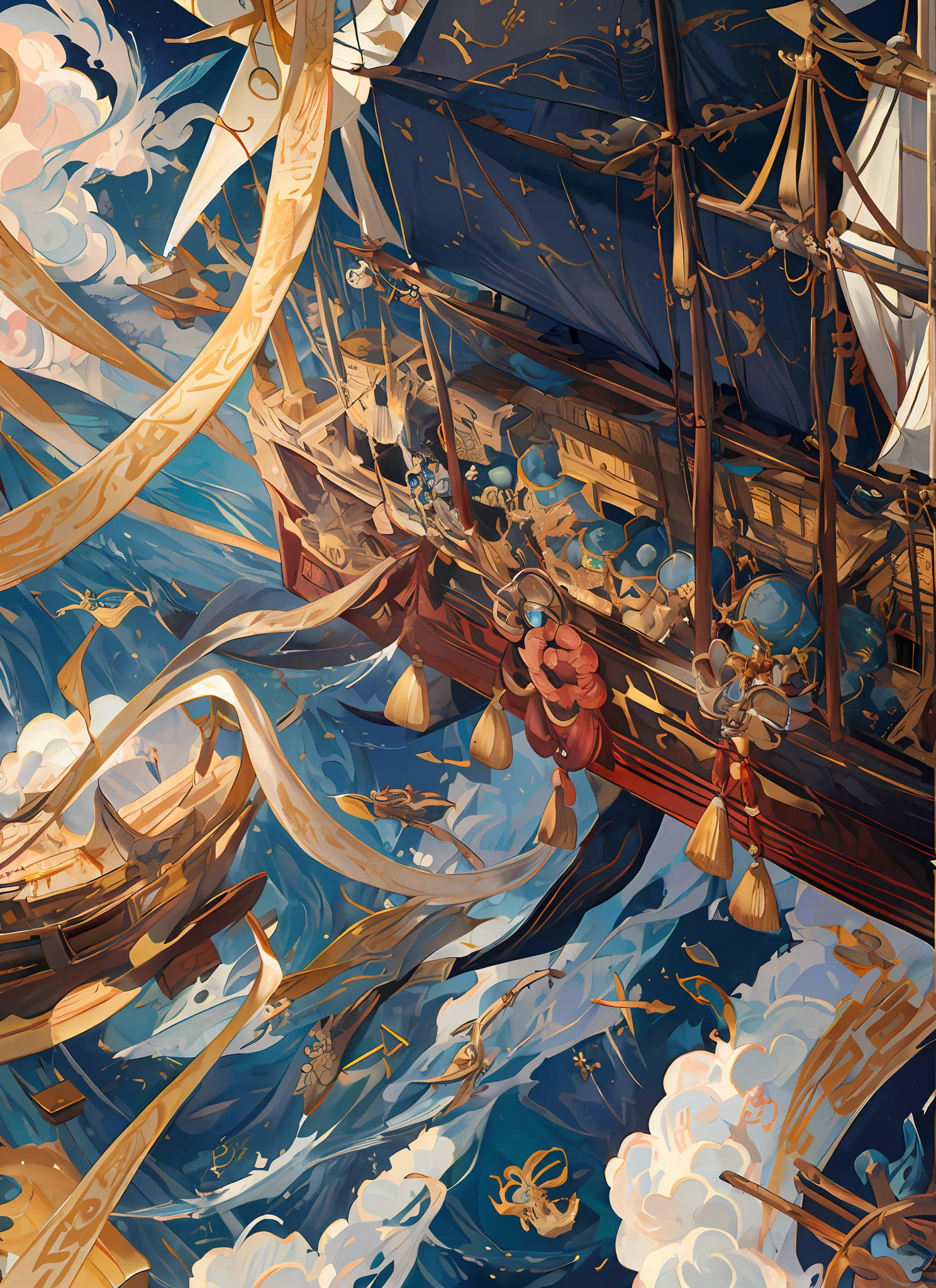 Ocean Dragon Attacking Ships, Looking Up, (Sea Sailing: 1.3), Huge Sails, Gold Dyes, Black, White, Gold and Blue, Intricate Ink Paintings, G Liulian Art Style Chinese Mythology, Highly Detailed Official Artworks, Intricate Ink Painting Details, Ancient Chinese Art Style, Chinese Dragon Concept Art, Chinese Fantasy