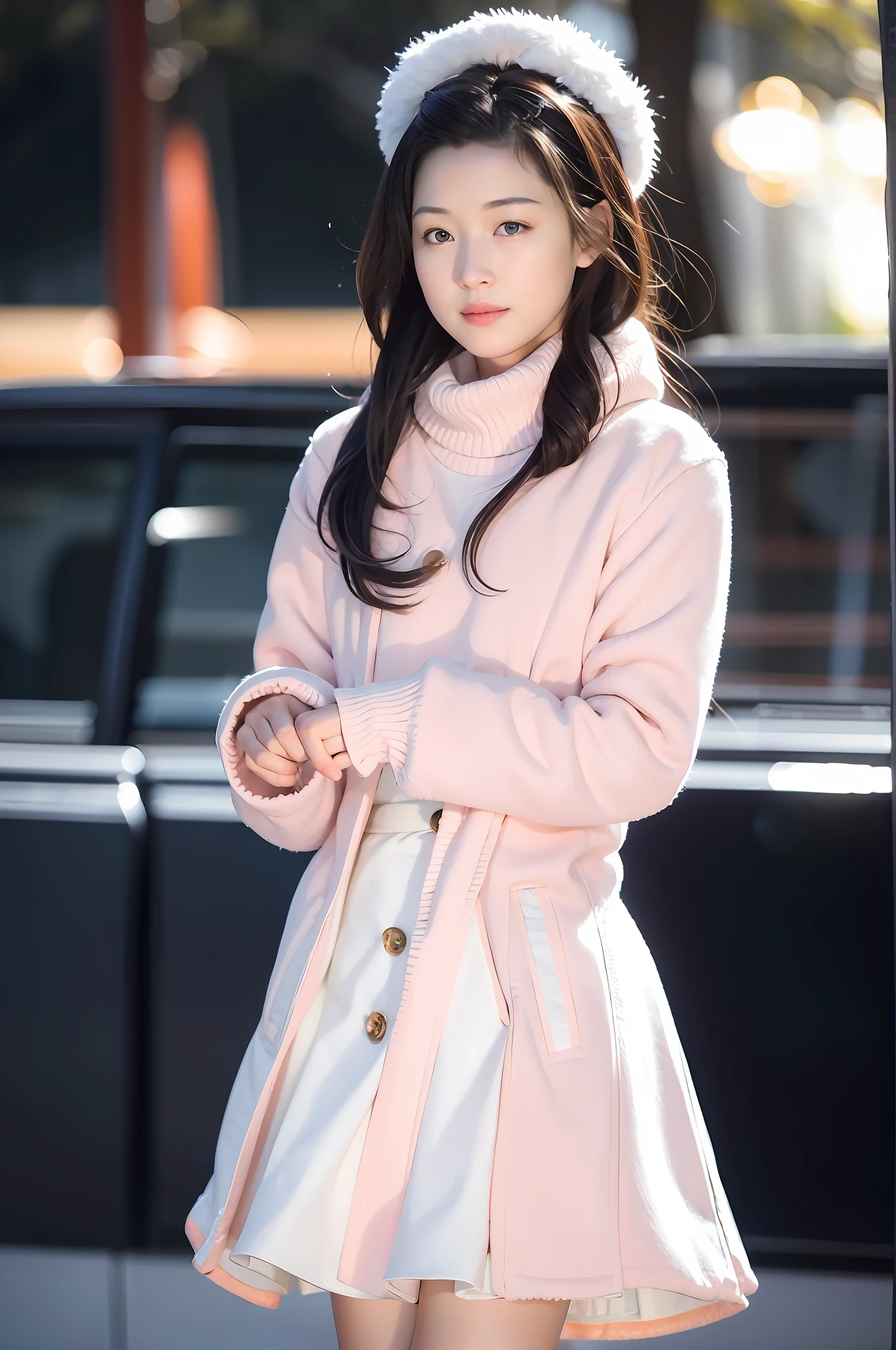 light blush, smile, upper body, (winter coat, snow, city, skirt, flowing hair,,) look at the audience, beauty, best picture quality, super high resolution, (fidelity: 1.4), hiqcgbody, masterpiece, (realism: 1.4), best quality, beautiful lighting, detailed, complex, RAW photos, 8k uhd, film grain, beautiful eyes