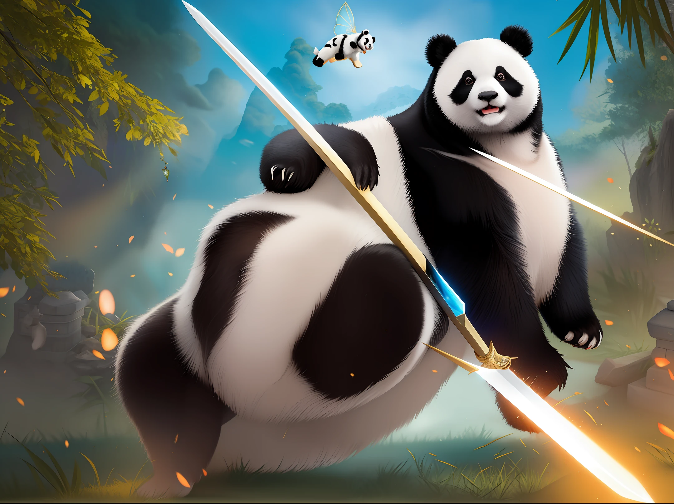 Draw a picture that reads: in the sky, the giant panda royal sword flying into the sky, the giant panda dressed in colorful Taoist robes, holding a jewel-encrusted sword hilt, with a solemn and majestic demeanor. It was riding on a gorgeous and sharp sword with nine golden dragons engraved on the body, which shimmered dazzling in the sunlight. The giant panda's tail gently swings in the air with the rhythm of flight, and its eyes are focused and determined, as if flying in the sky with a sword. The whole picture is full of mysterious and magnificent atmosphere, making people feel like they are in a fairy world.