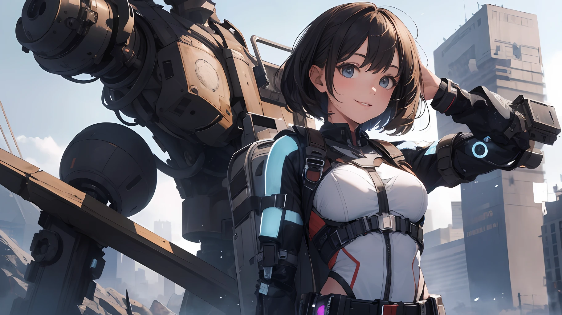 absurd resolution, high resolution, (masterpiece: 1.4), ultra-detailed, 1girl, happy girl with sci-fi clothes and equipment.