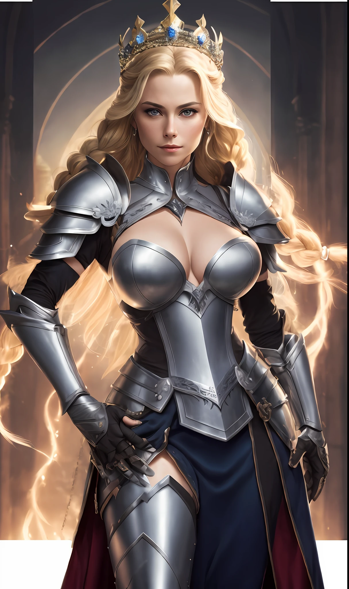 (extremely detailed 8k wallpaper), a portrait of a Blonde noble lady, the lord of the castle's wife, with a crown on her head, wearing a silver armor, dramatic lighting and shadows, 8k resolution, intricate, high detail, dramatic, deep cleavage exposed 1/2 boob, knight, solo female, hands resting on sword, full body, stern look, large braid, gauntlets, gloves, shoulder armor, black gloves, serious face, huge tits, massive cleavage, round breasts