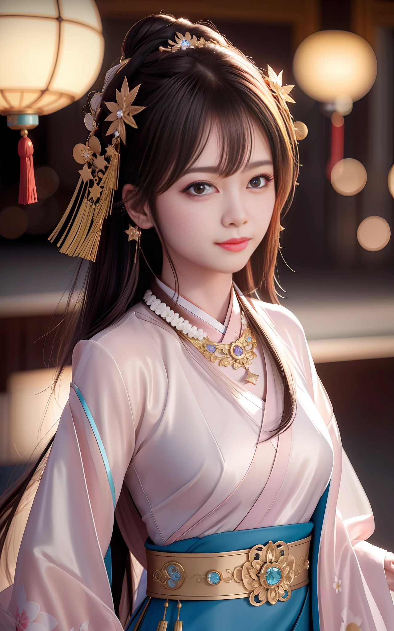 best quality, masterpiece, highres, 1girl,blush,(seductive smile:0.8),star-shaped pupils,china hanfu,hair ornament,necklace, jewelry,Beautiful face,upon_body, tyndall effect,photorealistic, dark studio, rim lighting, two tone lighting,(high detailed skin:1.2), 8k uhd, dslr, soft lighting, high quality, volumetric lighting, candid, Photograph, high resolution, 4k, 8k, Bokeh