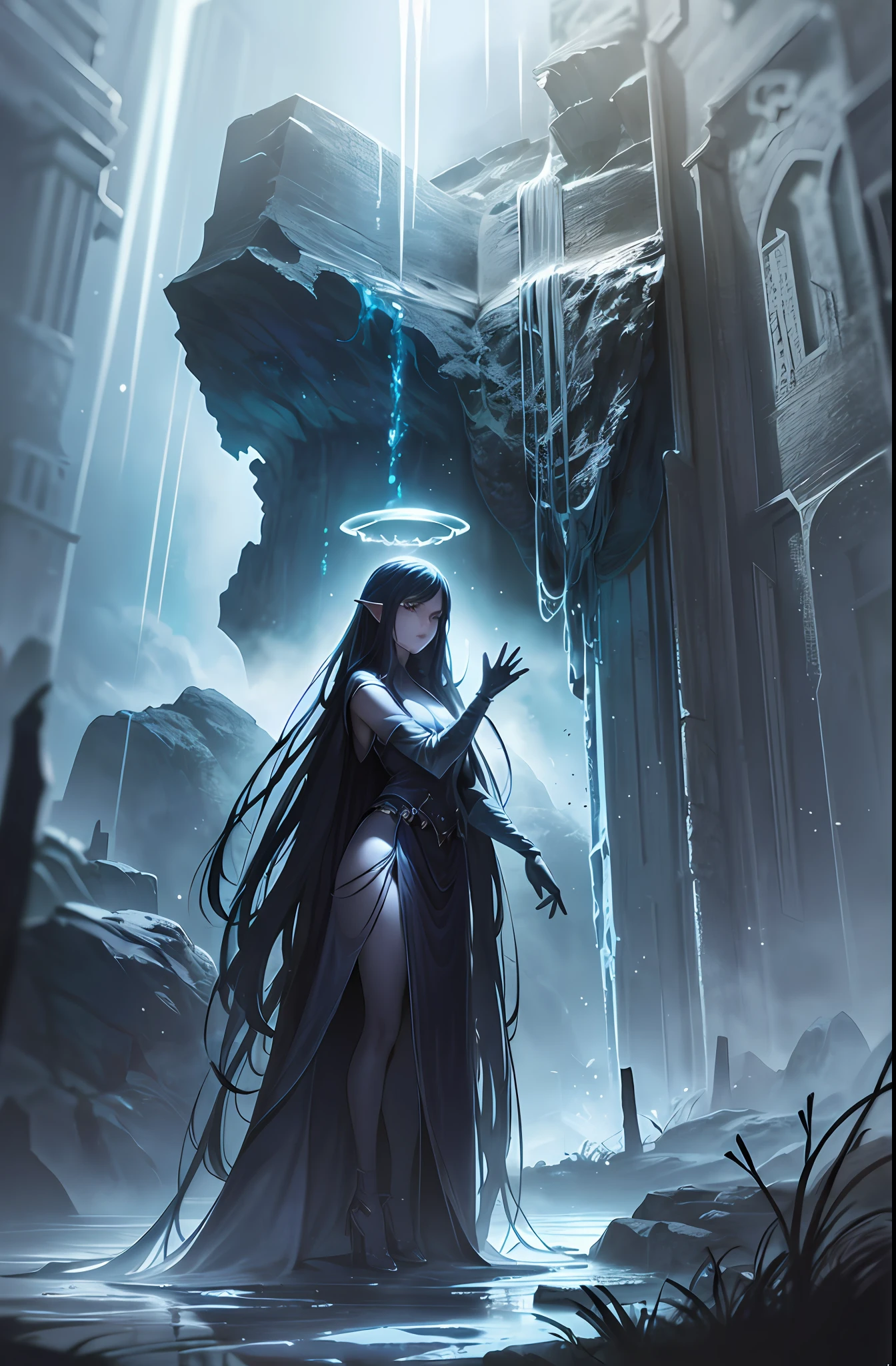 Classic negative portrait photos, fantasy video game character concept art, dungeons and dragons, fantasy, rivers, haze, halo, bloom, dramatic atmosphere, dark fantasy movies from the 1970s, centering, rule of thirds, --v 6