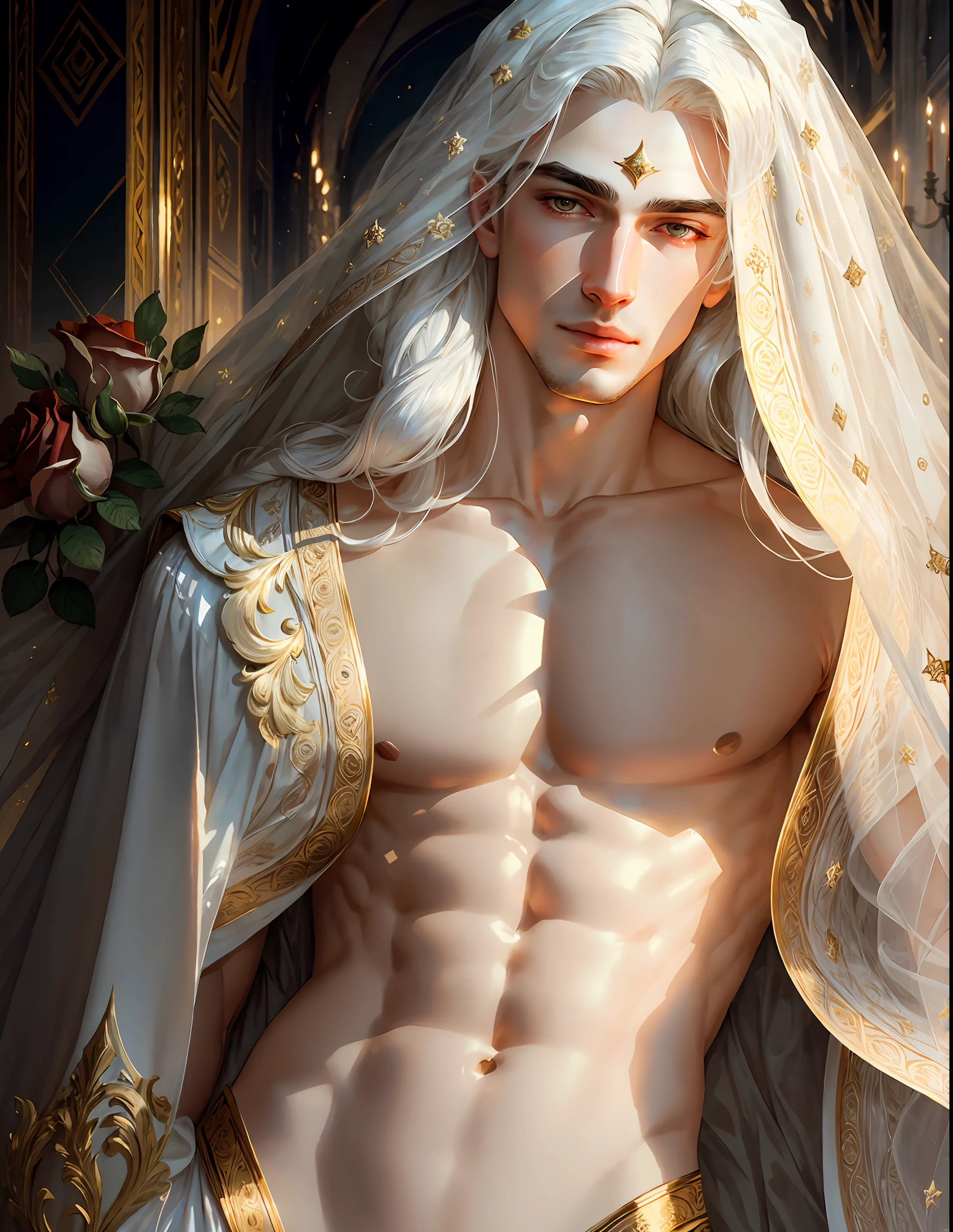 masterpiece, highest quality, (solo focus), (perfect face:1.1), (high detail:1.1),dramatic, 1guy, (pale skin), long white hair, white eyes, [light eyebrows], solo, long hair, moon, night, white luxury suit, venetian mask, covered navel, pouty lips, (beauty marks),  palace, detailed background, art by artgerm and greg rutkowski,  cinematic lighting, roses, suggestive