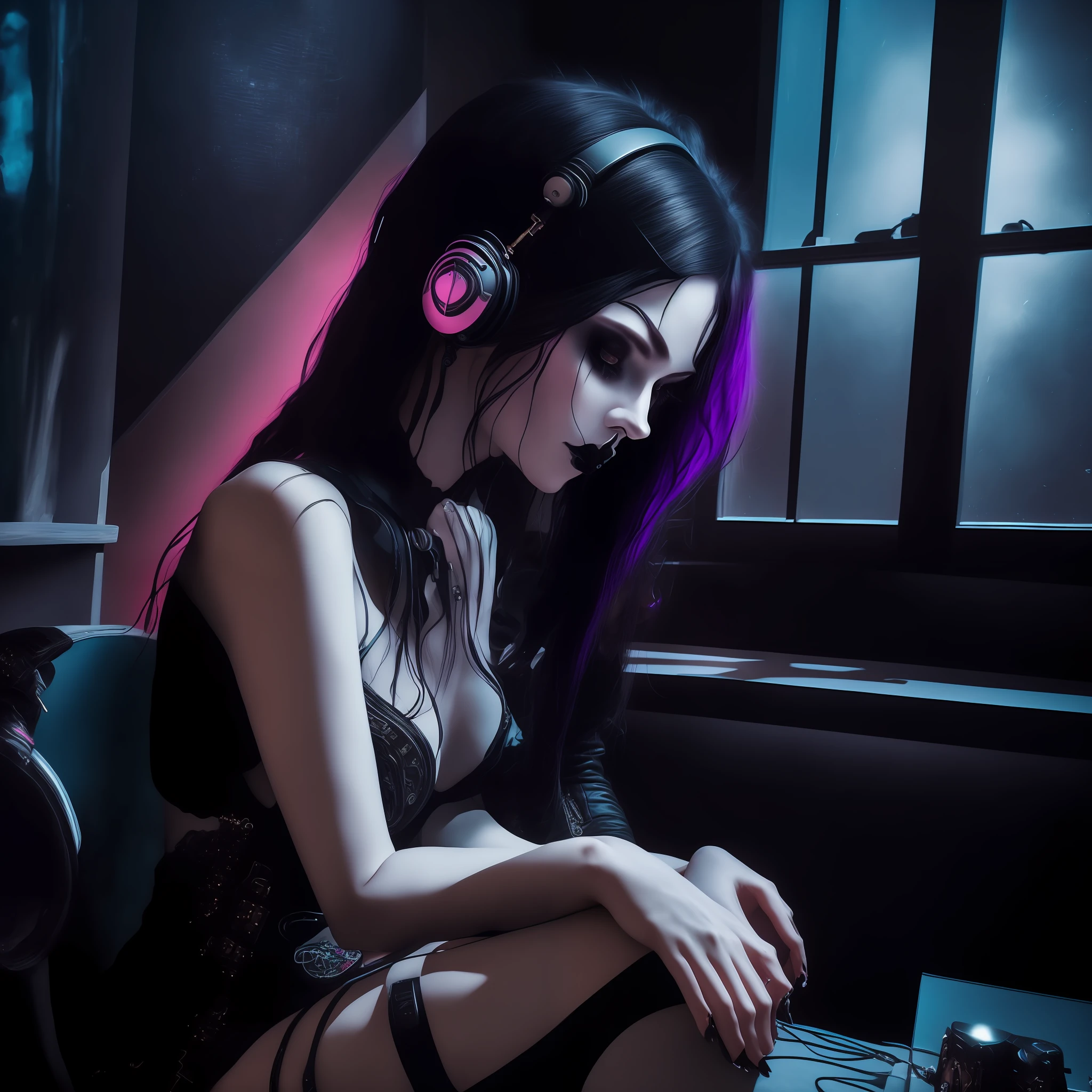 arafed woman sitting on a chair with headphones on, seductive cyberpunk dark fantasy, with headphones, dreamy cyberpunk girl, gothic - cyberpunk, dreamy gothic girl, gothic horror vibes, pale goth beauty, sensual gloomy style, cyberpunk photo, goth girl, darkwave goth aesthetic, 1 7 - year - old goth girl, gothic girl smoking, beautiful cyberpunk woman model