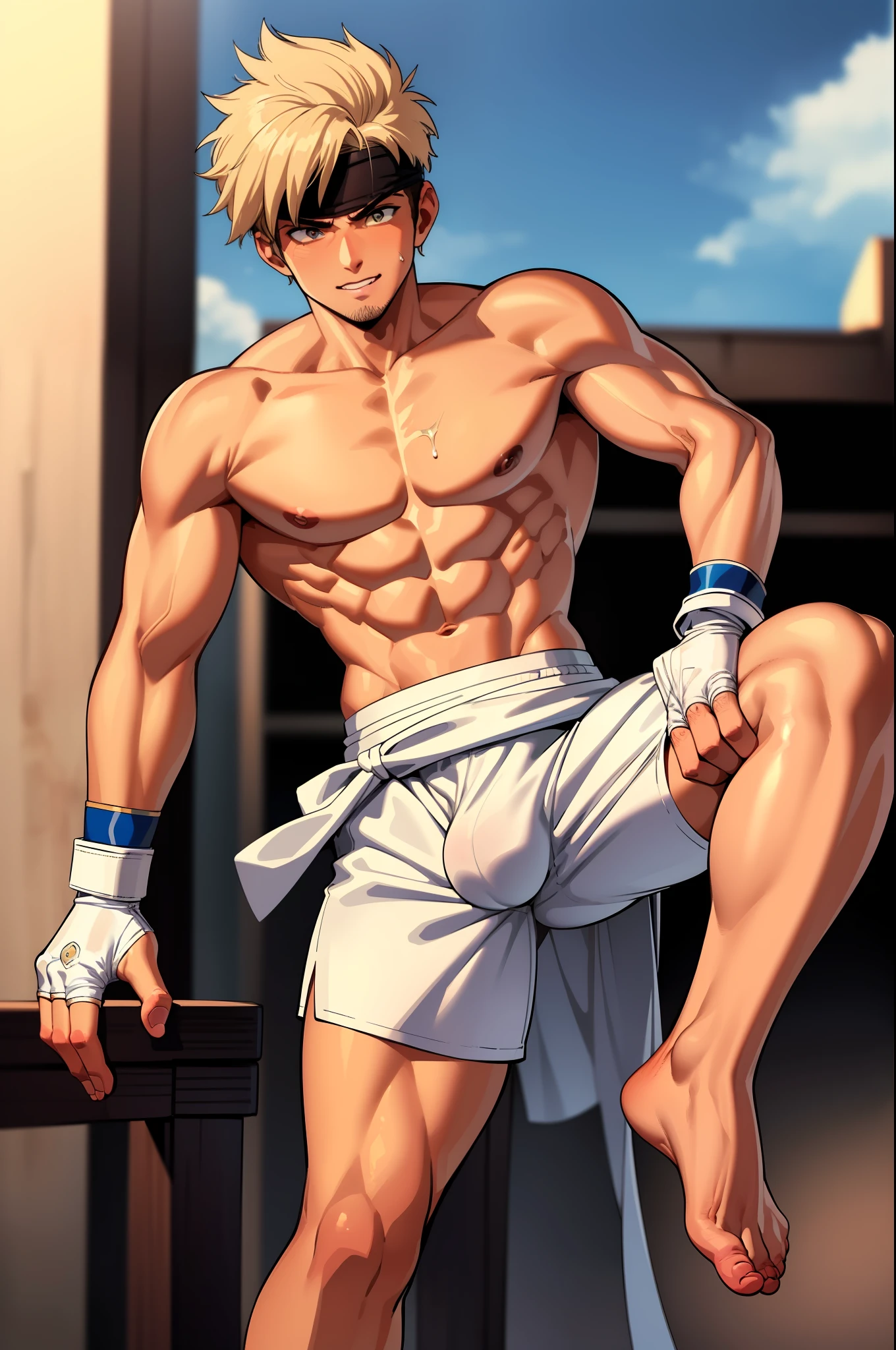 ((masterpiece)), (best quality), 1boy, ((masterpiece)), (best quality), (detailed), (1boy),1 muay thai kickboxer boy, spiky blonde hair, grey eyes, ((dark brown skin)), lean body, handsome, shirtless, (white boxer shorts), huge bulge, big bulge, manly, virile, muay thai headband, white fingerless gloves, fighting stance, on the streets, barefoot, 8k, detailed, ultra-detailed, absurdress